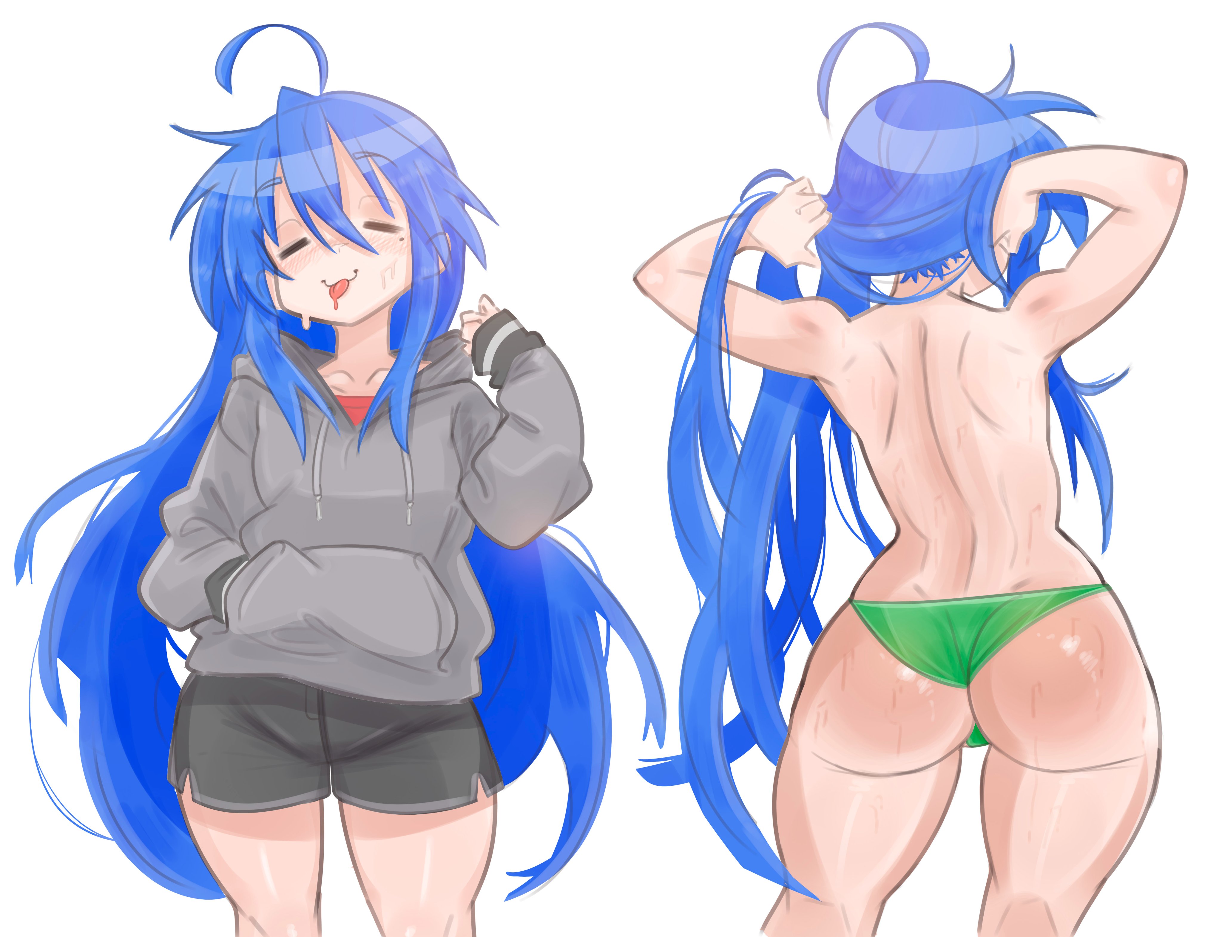 :3p, :p, 1girls, ahoge, arms behind head, ass, beauty mark, blue hair, bodily fluids, closed eyes, clothed, clothing, emiillb, female, female only, front view, green clothing, green panties, green underwear, hands behind head, hoodie, jacket, konata izumi, light skin, light-skinned female, long hair, lucky star, mole, mole under eye, panties, portrait, rear view, saliva, shorts, simple background, smile, solo, solo female, standing, sweat, sweaty, sweaty ass, sweaty body, thick thighs, thighs, three-quarter portrait, tongue, tongue out, topless, topless female, underwear, very long hair, white background