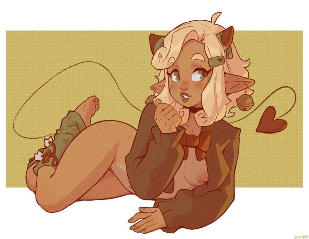 barefoot, blonde hair, blush, blush lines, breasts, cute, devil tail, feet, female, green eyes, heart shaped tail, horns, klimspree, mocha (klimspree), nipple slip, pointy ears, small breasts, stockings, tagme, tan, tan skin, tanline, toes, white nail polish, white nails, white toenails