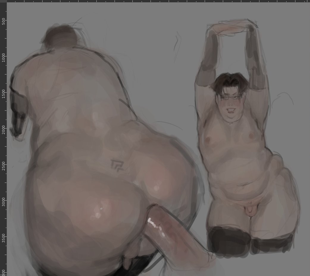 1boy, 2d, anal, anal penetration, anal sex, arm sleeves, ass, big ass, color, dandadan, fat ass, fat femboy, fat male, fat rolls, fatteacoffee, gay, gay sex, glasses, kim jong-un, male, male focus, male only, overweight, overweight femboy, overweight male, penis, sakata kinta, sex, sleeves, small penis, stockings, tattoo, tiny penis, yaoi