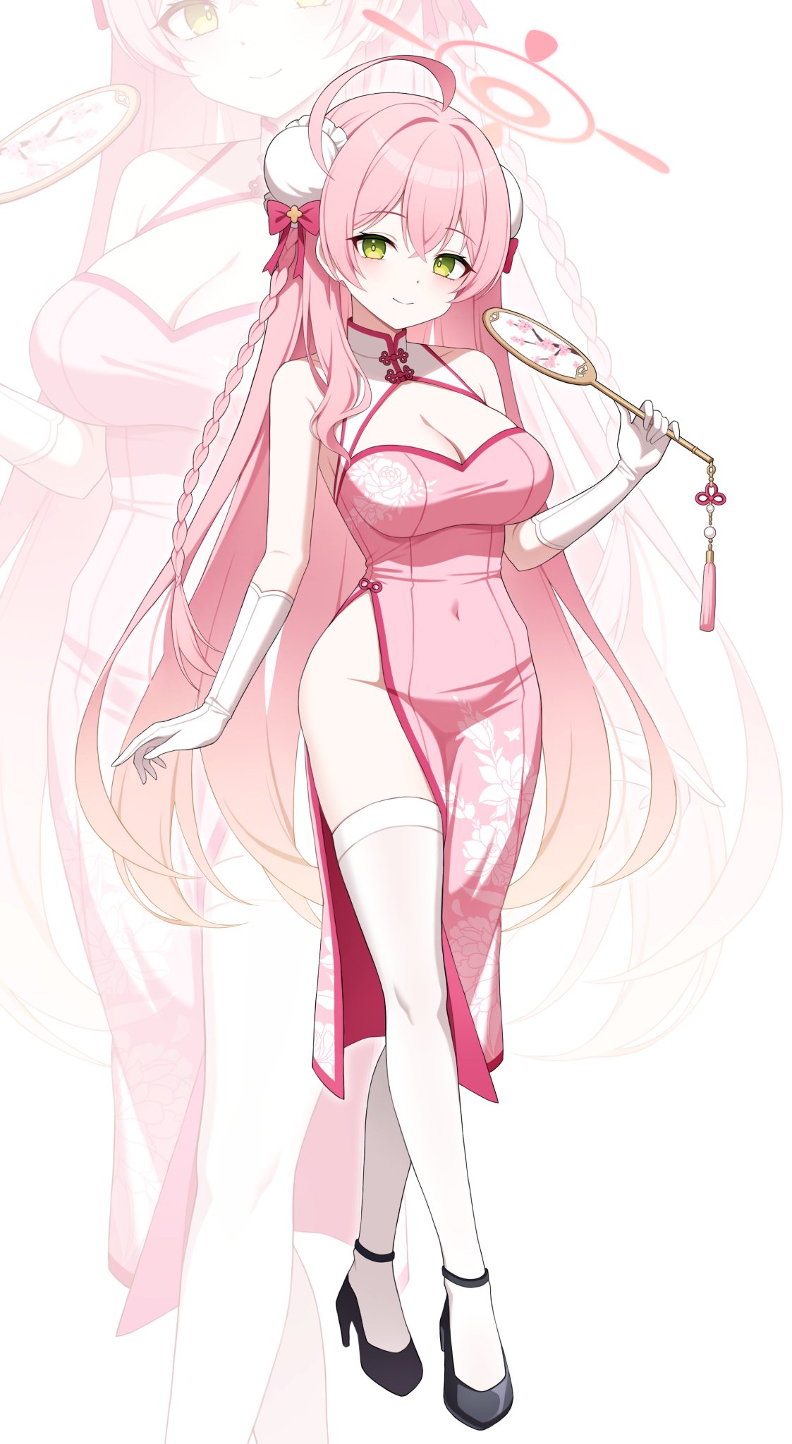 1girls, artist request, belly visible through clothing, big breasts, blue archive, breasts, bun cover, double bun, fan, female, female only, hair bun, halo, hanako (blue archive), high heels, no panties, pink hair, qipao, stockings, trinity general school student
