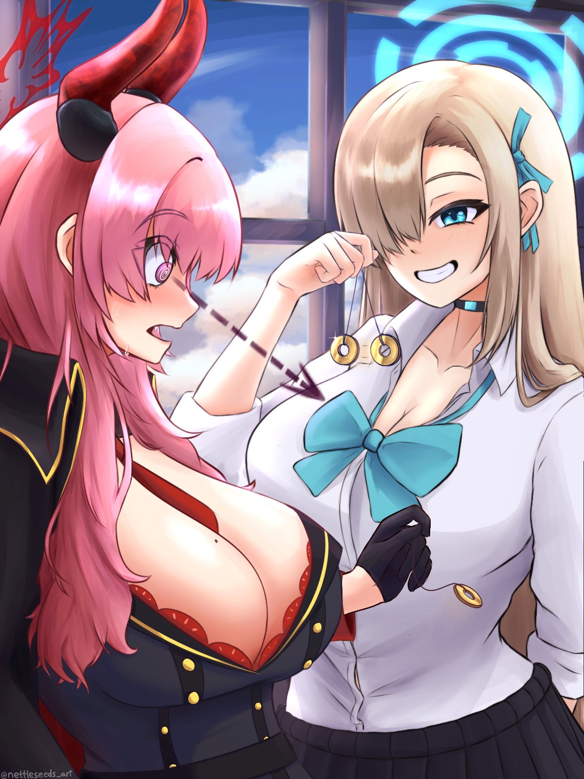 asuna (blue archive), asuna (school uniform) (blue archive), big breasts, blonde hair, blue archive, blue eyes, bra, breasts, choker, cleavage, dueling hypnotists, female, femdom, femsub, gigantic breasts, hair covering one eye, hair ornament, horns, huge breasts, hypnosis, hypnotic breasts, large breasts, long hair, mole, nettleseeds, open mouth, pendulum, pink eyes, pink hair, ribbon, satsuki (blue archive), school uniform, shirt, skirt, smile, spiral eyes, sweat, symbol in eyes, tie, yuri