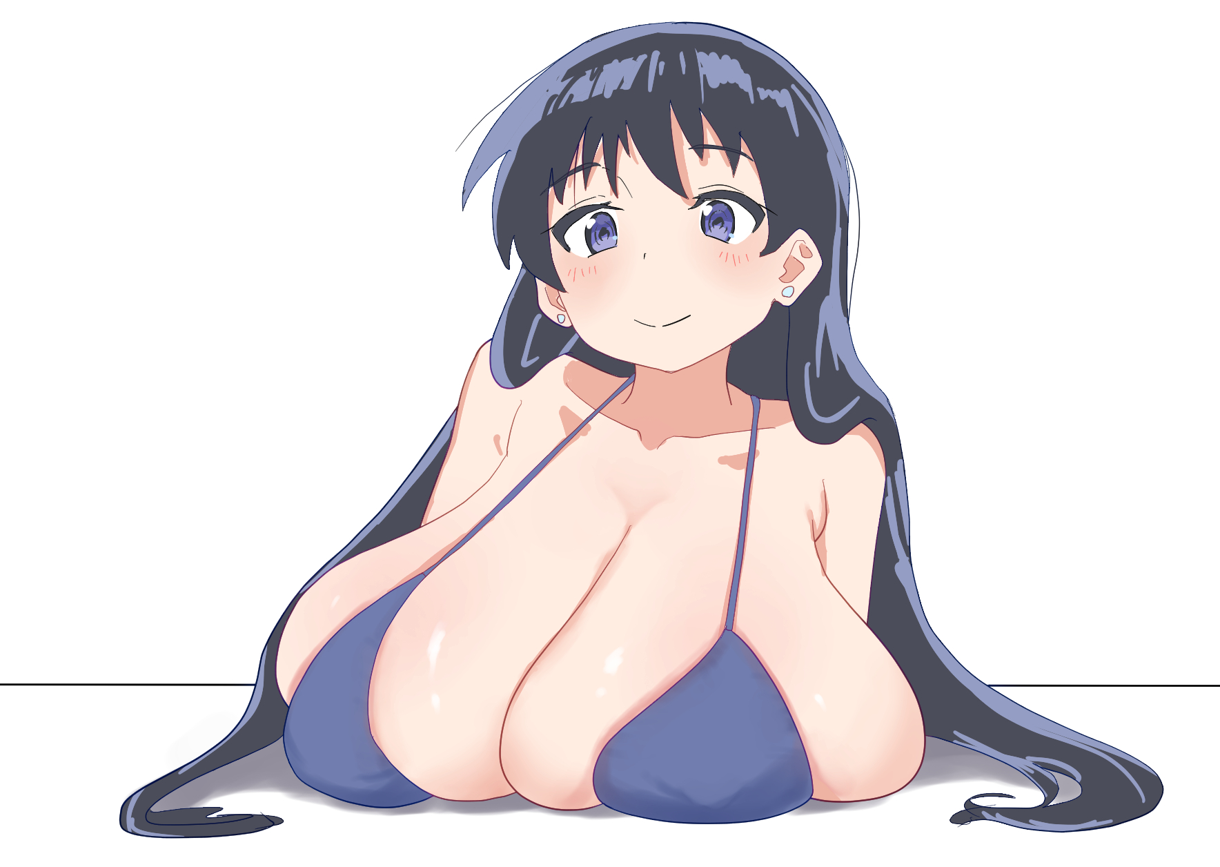 1girls, arato nagi, bare arms, bikini, black hair, blonde hair, blush, breast press, breast rest, breasts, cleavage, closed mouth, clothed, clothed female, clothing, collarbone, dainaru, earrings, female, female focus, female only, hair between eyes, highres, huge breasts, jewelry, long hair, looking at viewer, partially clothed, purple bikini, purple eyes, ruri no houseki, simple background, skindentation, smile, sole female, solo, solo female, solo focus, stud earrings, swimsuit, undersized breast cup, upper body, white background