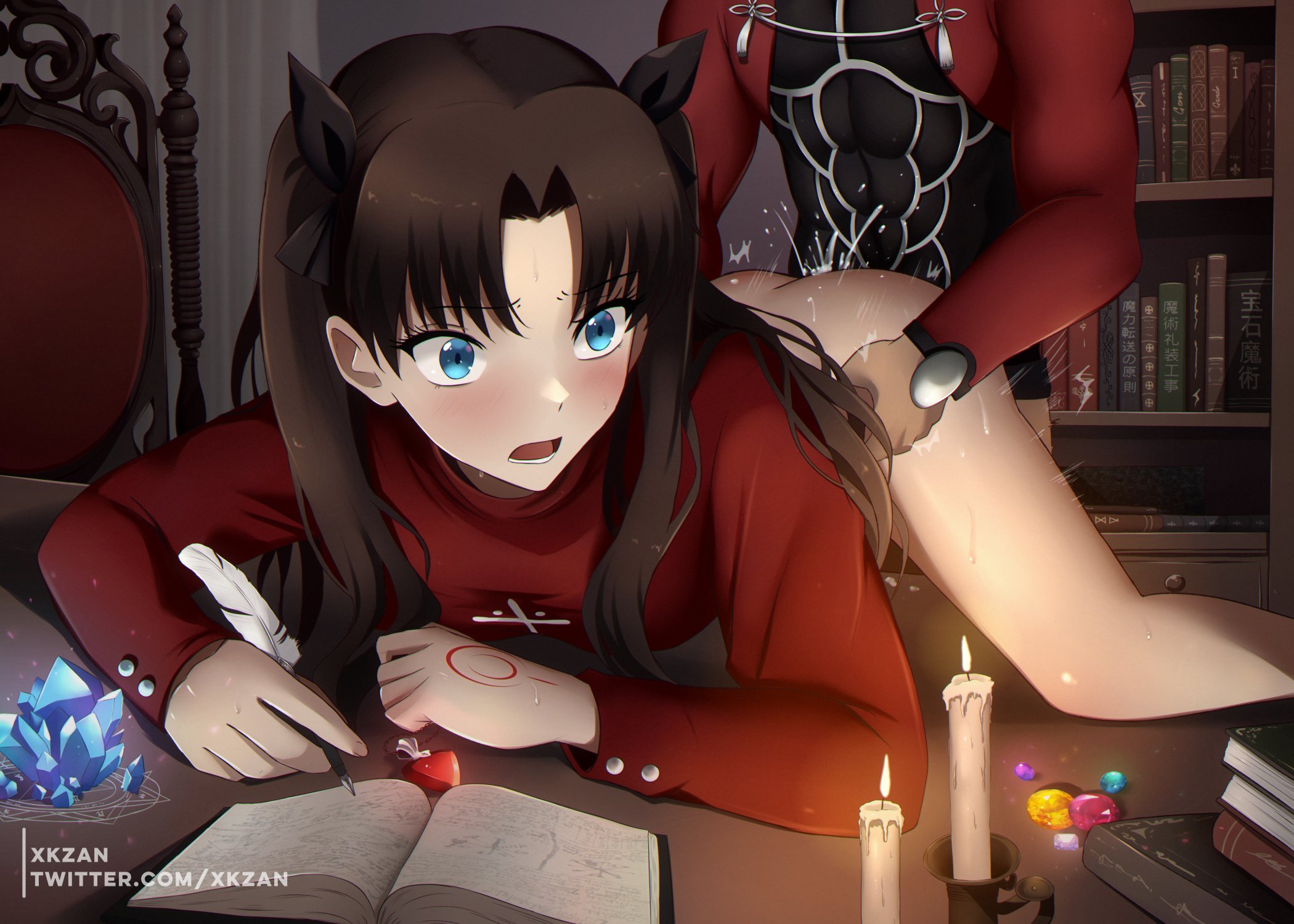1boy, 1girls, against table, archer (fate), blue eyes, blush, brown hair, cum, cum inside, doggy style, emiya shirou, fate (series), fate/stay night, female, holding feather, indoors, light-skinned female, long hair, male, open mouth, partially clothed, sex, straight, surprised, sweat, tagme, taken from behind, tohsaka rin, twintails, writing, xkzan