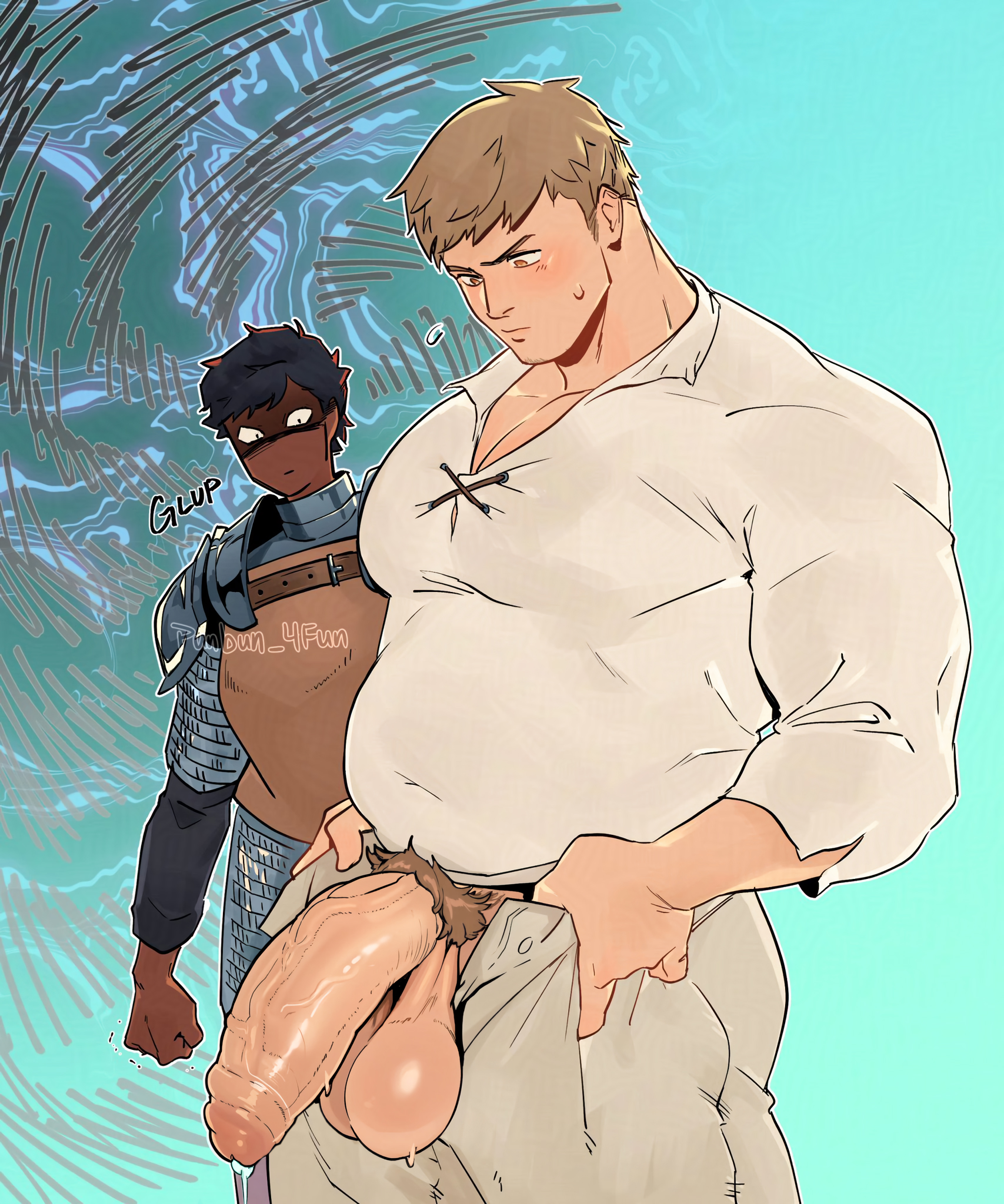 2boys, alternate body size, alternate version available, armor, balls, ballsack, bara, belly, big penis, black hair, blonde hair, bulge, dark skin, dark-skinned femboy, dungeon meshi, exposed balls, exposed penis, facial hair, gay, gay male, goatee stubble, highres, huge cock, kabru, laios touden, leaking precum, light skin, light-skinned male, male, male focus, male only, male/male, multiple boys, multiple males, muscular, muscular male, open fly, pectoral cleavage, pectorals, penis, penis out, pubic hair, punbun 4fun, scared expression, short hair, staring, staring at penis, stubble, twink, twitter username, veiny penis, worried expression, yaoi