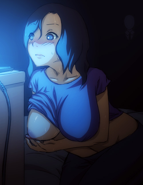 1girls blue_eyes blue_hair blush breast_slip breasts clothed_masturbation clothing creepypasta female female_only hand_in_pants large_breasts long_hair manyakis masturbation monitor_light nipple_tweak one_breast_out original self_fondle slenderman solo sweat watching_porn when_you_see_it