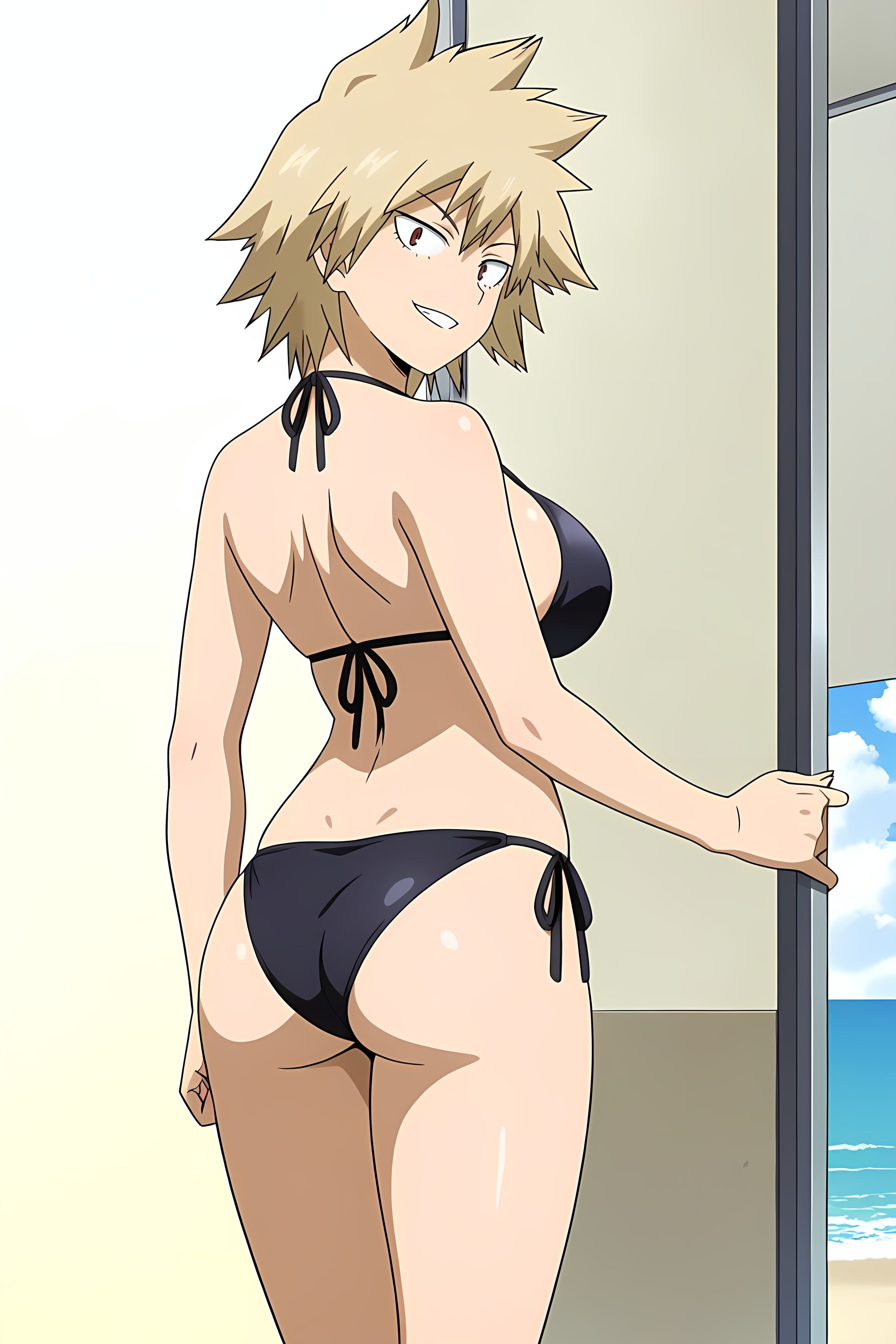 ai generated, beach, bikini, bikini bottom, bikini top, black bikini, daytime, female, female only, looking at viewer, mitsuki bakugou, my hero academia, pinku.ai, rear view, smirk