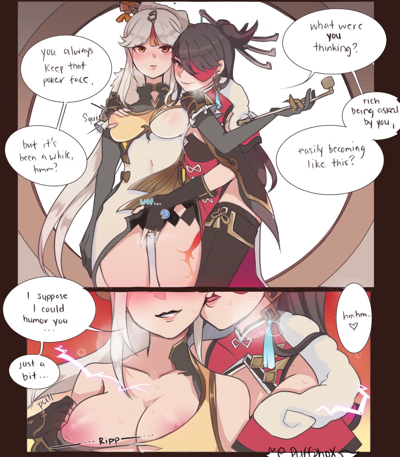 beidou (genshin impact), blush, breasts, brown hair, dialogue, eye patch, female, female only, fingering, fingering partner, genshin impact, hair over one eye, long hair, ningguang (genshin impact), puffphox, text, white hair, yuri