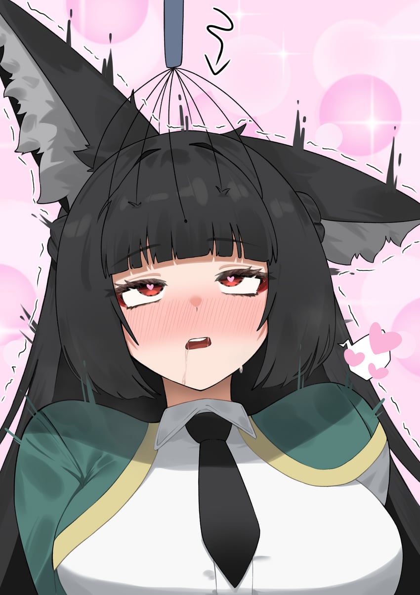 bernardo (ggpa8423), black hair, blush, drooling, fox ears, head scratch, heart-shaped pupils, hoshimi miyabi, long hair, looking up, massage, pleasure face, pleasured face, red eyes, speech bubble, spoken heart, that one fuckass instagram gif, trembling, zenless zone zero