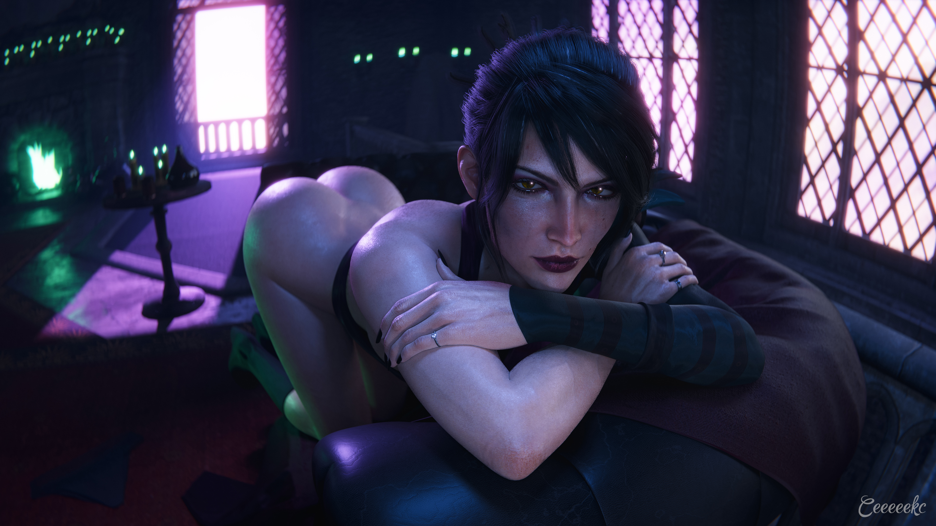 1girls, 3d, 3d render, arms crossed, ass, bent over, black hair, boots, ceeeeekc, couch, cougar, cougar milf, dragon age, dragon age inquisition, female, female only, functionally nude female, gloves, light skin, light-skinned female, looking at viewer, lying on couch, makeup, makeup running, mature female, milf, morrigan (dragon age), painted nails, partially clothed, ponytail, rings, sexy, solo, solo female, staring, staring at viewer, top on, witch, yellow eyes