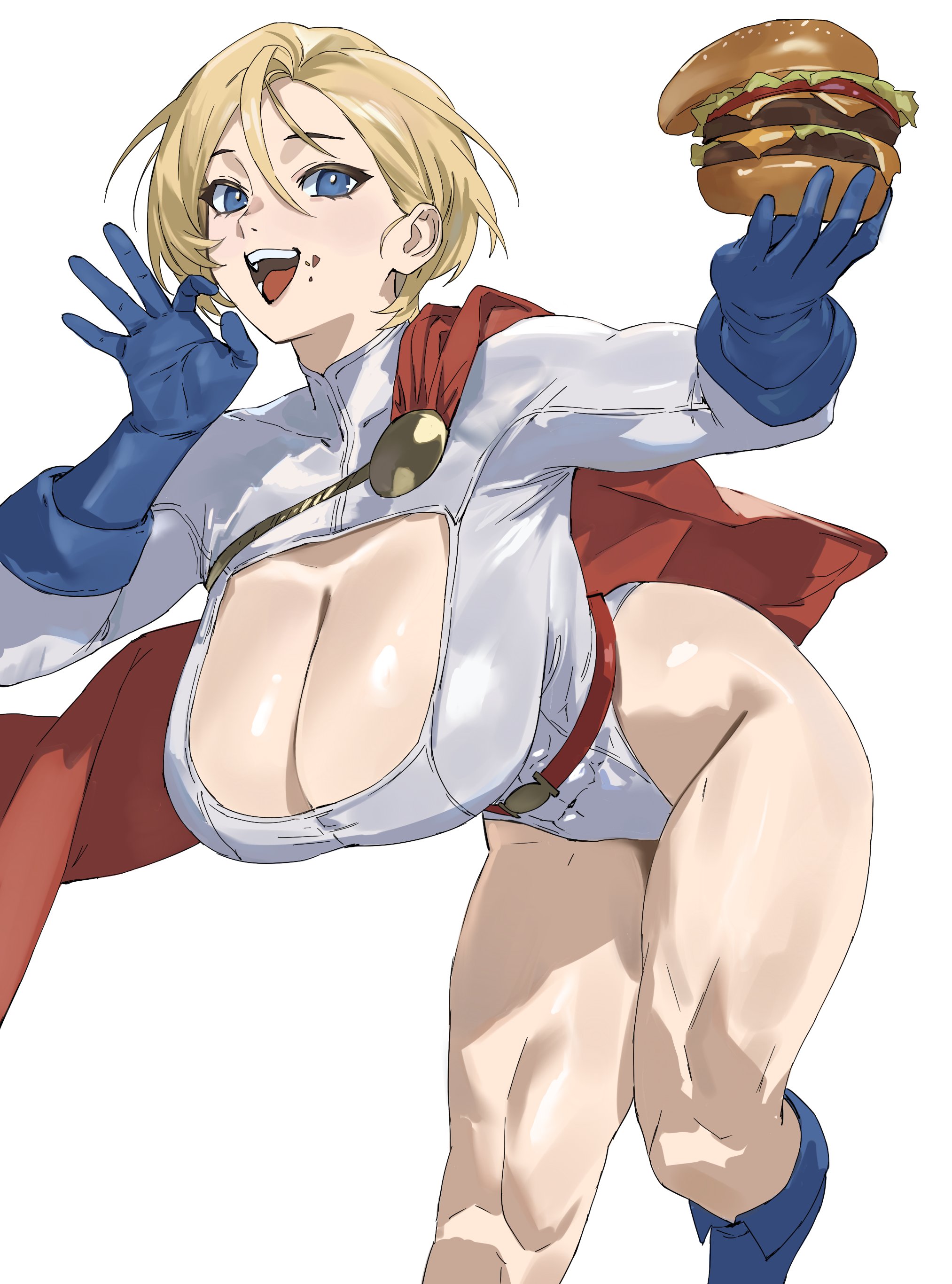 1girls, alien, alien girl, ass, big breasts, blonde female, blonde hair, blue eyes, boob window, breasts, busty, cleavage, clothed, curves, curvy, dc, dc comics, fellatio gesture, female, female kryptonian, female only, food, hamburger, hamburger bun, huge boobs, huge breasts, karen starr, kryptonian, large breasts, light skin, light-skinned female, mostly clothed, power girl, superheroine, superheroine costume, superman (series), taiyang yu