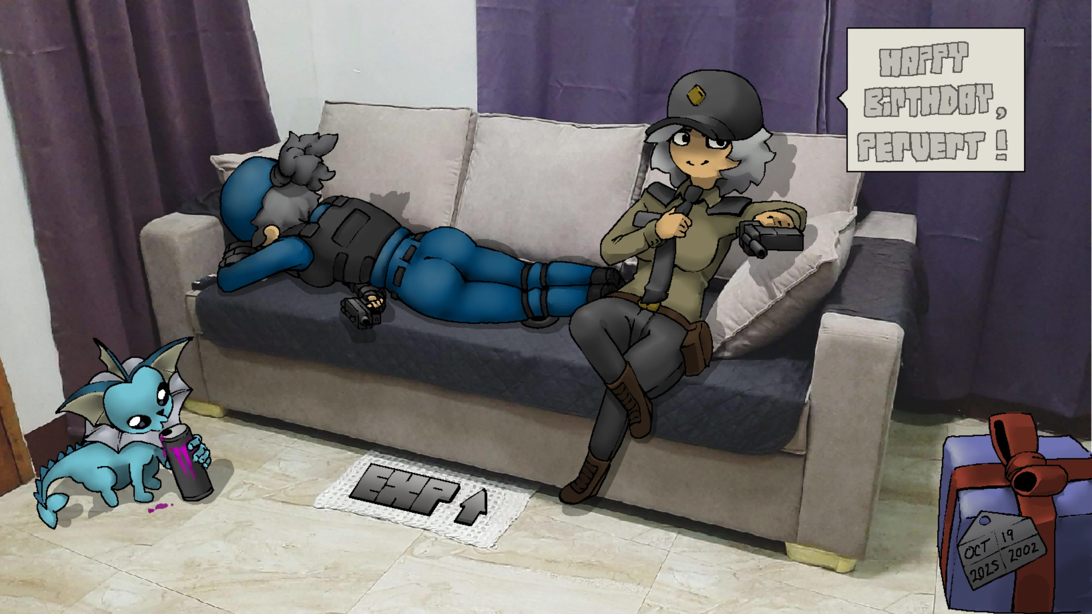 2d, 2d (artwork), 2d artwork, 2girls, ass, ass focus, ass up, background, background character, big ass, big breasts, birthday, black tie, boots, breasts, bubble butt, butt focus, cap, clothed, clothed female, clothes, clothing, curvy, curvy body, curvy female, curvy figure, curvy hips, curvy thighs, cute, cute face, dead ahead, dialog, dialogue, dialogue box, dialogue bubble, digital art, digital drawing, digital drawing (artwork), digital media, digital media (artwork), drink, drinking, female, female focus, female only, funny, gift, gift box, gift wrapped, happy birthday, indoors, laying on sofa, looking at viewer, meme, mobile game, monster energy, monster energy can, monster energy drink, on sofa, pants, pepper (dead ahead), pokemon, pokemon (species), police, police hat, police officer, police uniform, policewoman, polina (dead ahead), priamryconceptartist, prison guard, security guard, security hat, security uniform, seductive, seductive body, seductive eyes, seductive look, seductive smile, sitting, sitting on sofa, sketch, sofa, tactical gear, tactical nudity, talking, talking to viewer, traffic cop, vaporeon, weapon, weapons, white hair, white skinned female, young, young female, younger female