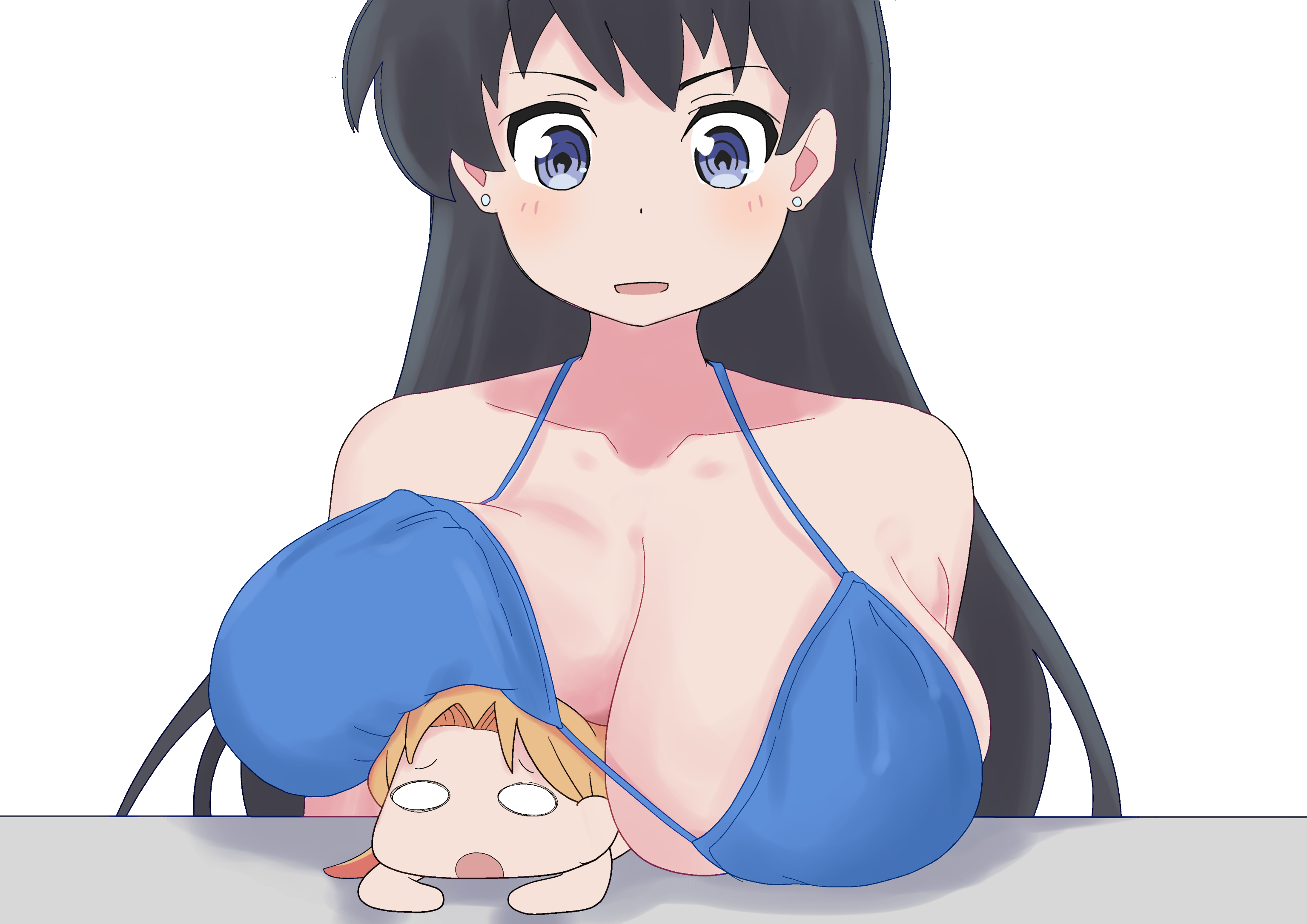 2girls, arato nagi, bare arms, bikini, black hair, blonde hair, blush, breast press, breast rest, breasts, cleavage, closed mouth, clothed, clothed female, clothing, collarbone, dainaru, earrings, female, female focus, female only, hair between eyes, highres, huge breasts, jewelry, long hair, looking at viewer, partially clothed, purple bikini, purple eyes, ruri no houseki, simple background, skindentation, smile, solo, stud earrings, swimsuit, tanigawa ruri, undersized breast cup, upper body, white background, yuri