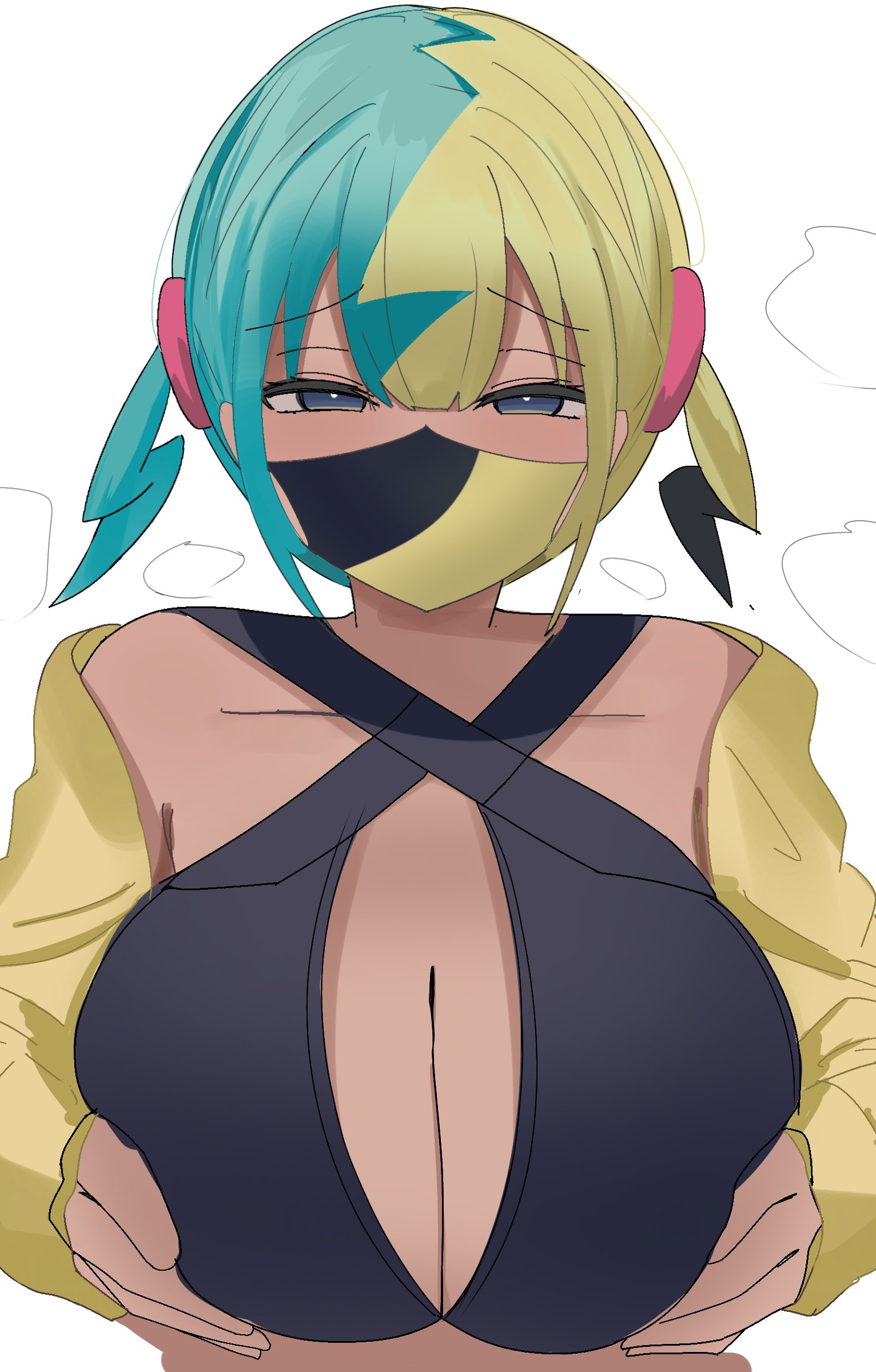 1girls, bare shoulders, breasts, canari (pokemon), canary (pokemon), cleavage, cleavage cutout, face mask, facemask, female, game freak, grabbing, grabbing breasts, grabbing own breast, gyaru, holding own breast, holding own breasts, kusogaki, large breasts, looking at viewer, mask, mouth mask, narukami numari, nintendo, pokemon, pokemon legends: z-a, solo, solo female, solo focus, streamer, two-tone hair