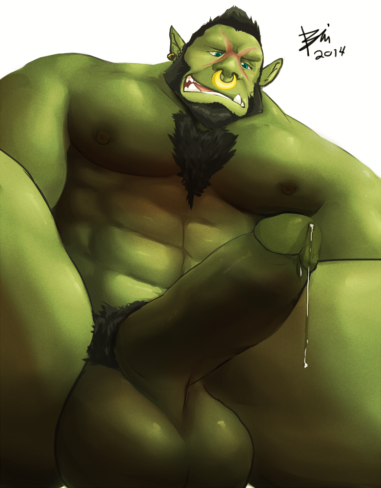 abs balls beard biceps bin chest_tuft dripping ear_piercing erection facial_hair facial_piercing fur humanoid_penis male male_only muscles nose_piercing nude orc orc_male penis piercing precum pubes scar solo solo_male tuft