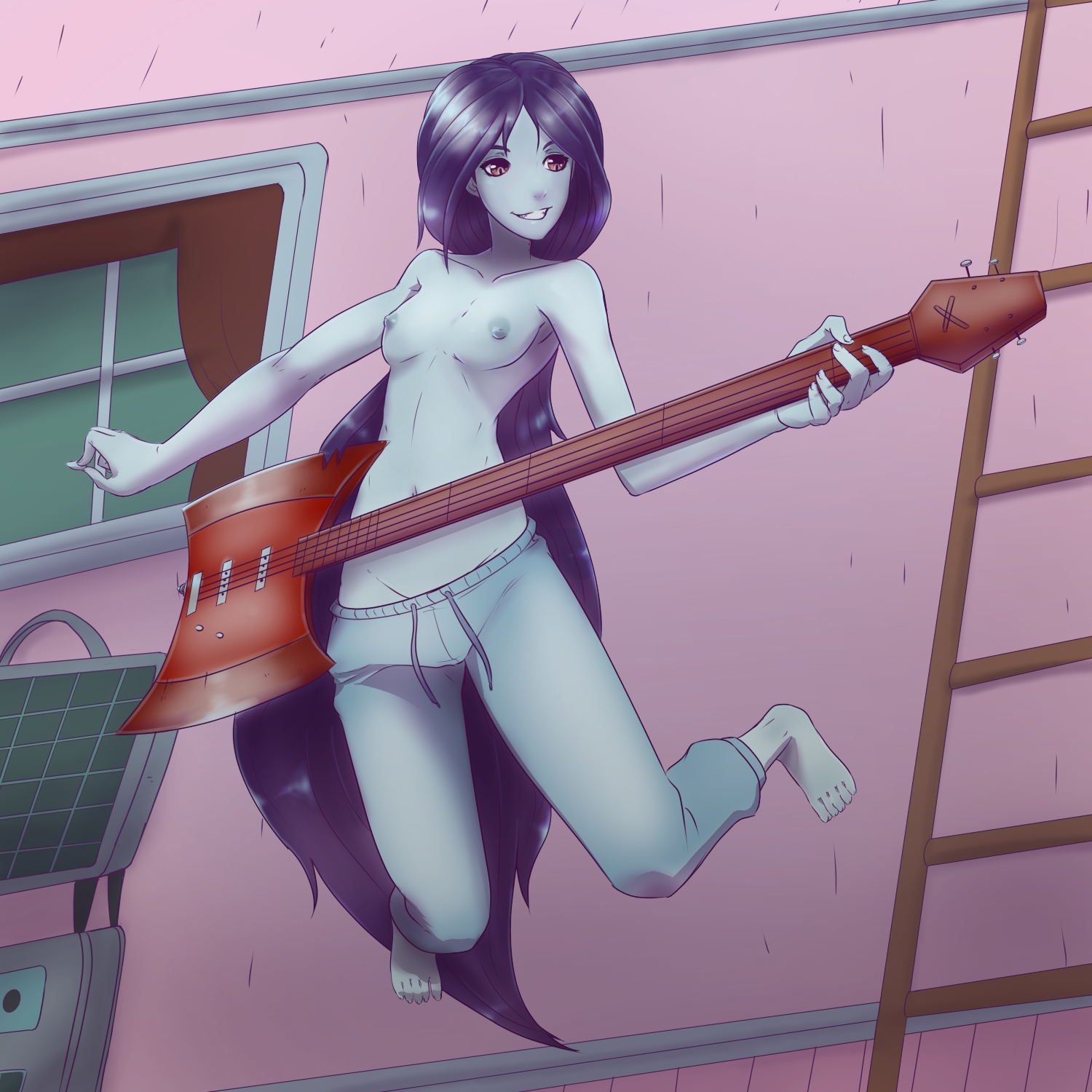 adventure time, axe, barefoot, bass guitar, black hair, breasts, electric guitar, eymbee, female, grey skin, guitar, instrument, levitation, long hair, marceline, musical instrument, nipples, slit pupils, smile, solo, topless, vampire, very long hair, weapon