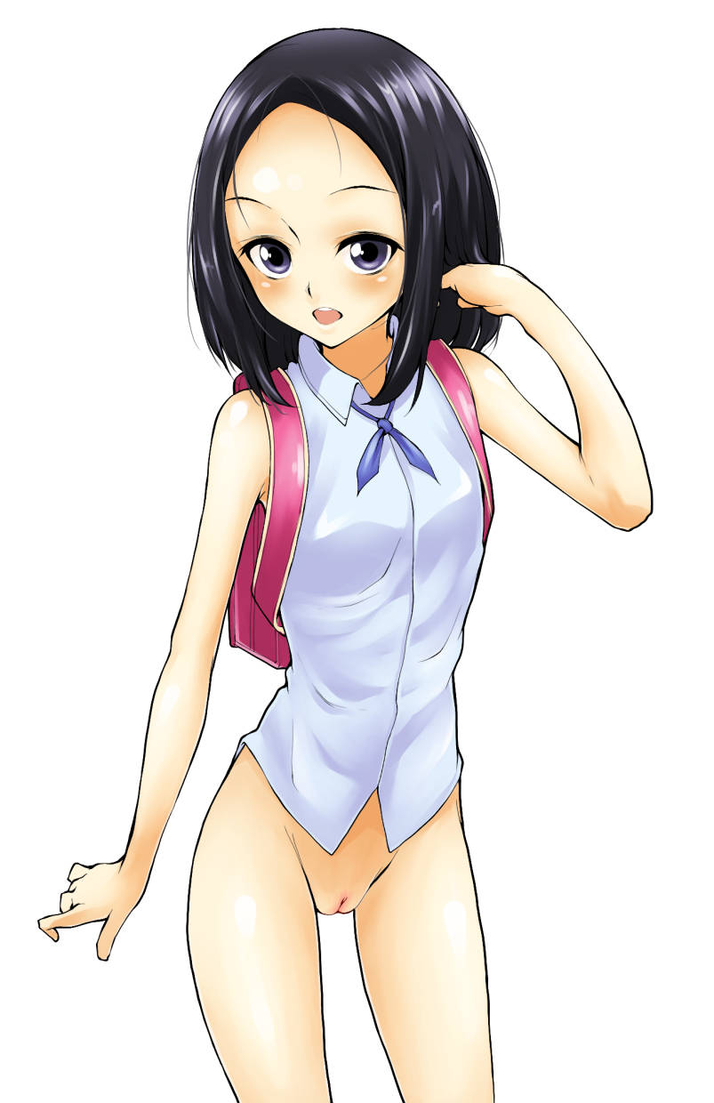 backpack bag beisu_(a-thoro-horonn) black_hair blush bottomless female female open_mouth original purple_eyes pussy randoseru simple_background solo thighs uncensored white_background