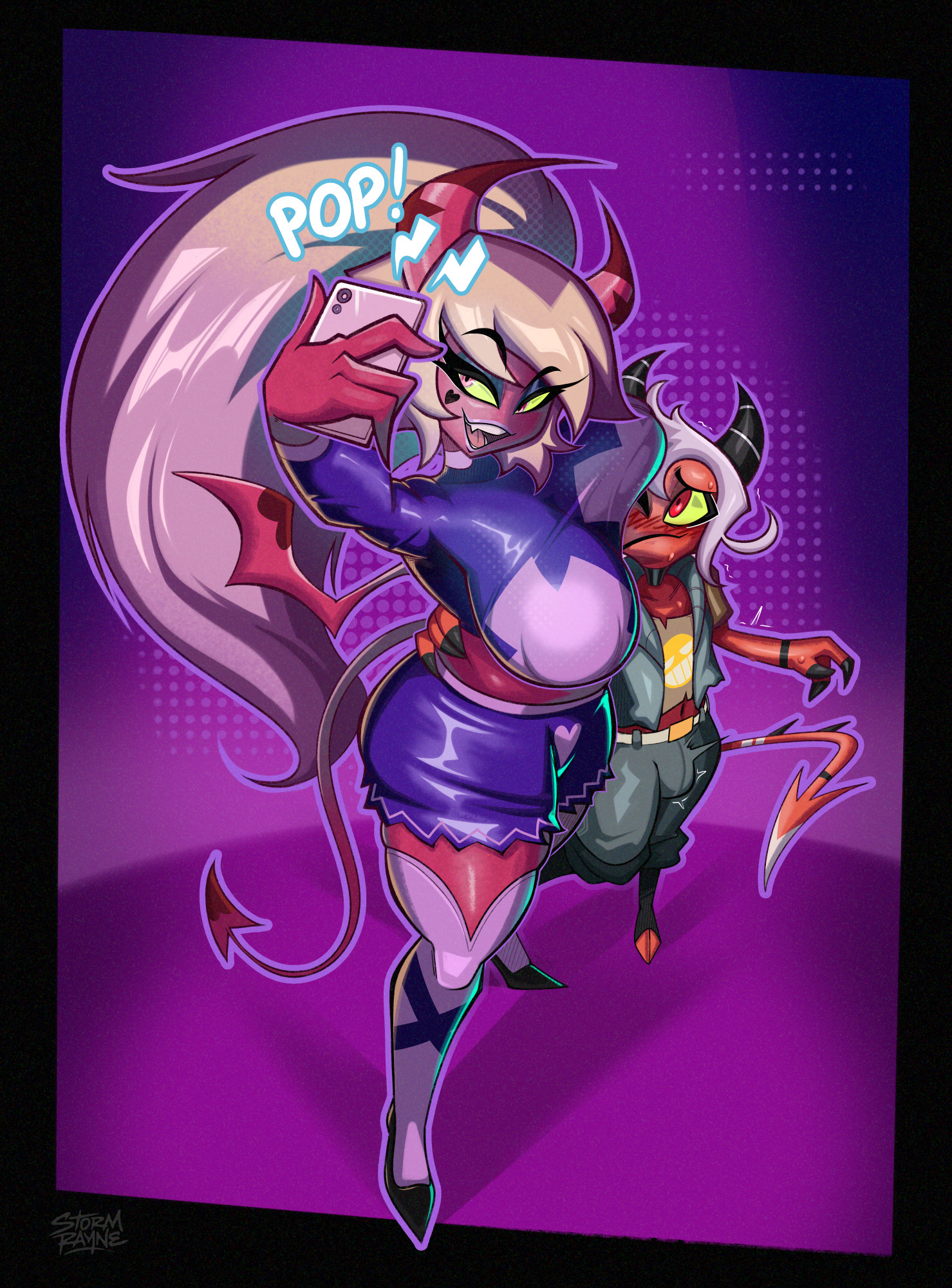 1boy, 1girls, big breasts, blush, bulge, color, demon, demon boy, demon girl, demon horns, demon tail, female, helluva boss, hi res, hug, imp, large breasts, long hair, male, male/female, nipple bulge, original character, pants bulge, pink eyes, pink hair, pleasure face, selfie, short hair, stockings, stormrayneart, succubus, succubus horns, succubus tail, succubus wings, tagme, thick thighs, throbbing bulge, twitching bulge, verosika mayday (helluva boss)