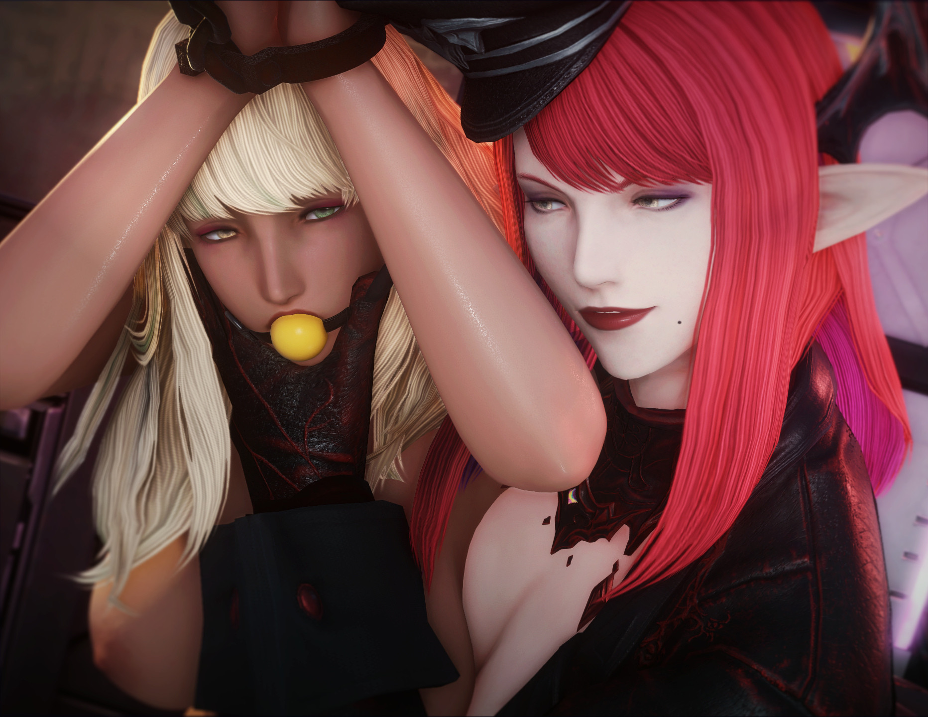 2025, ball gag, blonde hair, bondage, bound wrists, dominatrix, elezen, exposed breasts, female, female only, femdom, final fantasy, final fantasy xiv, gag, greenbean nsfw, heterochromia, hi res, honey b. lovely, hyur, mole, red hair, square enix, vamp fatale, yuri