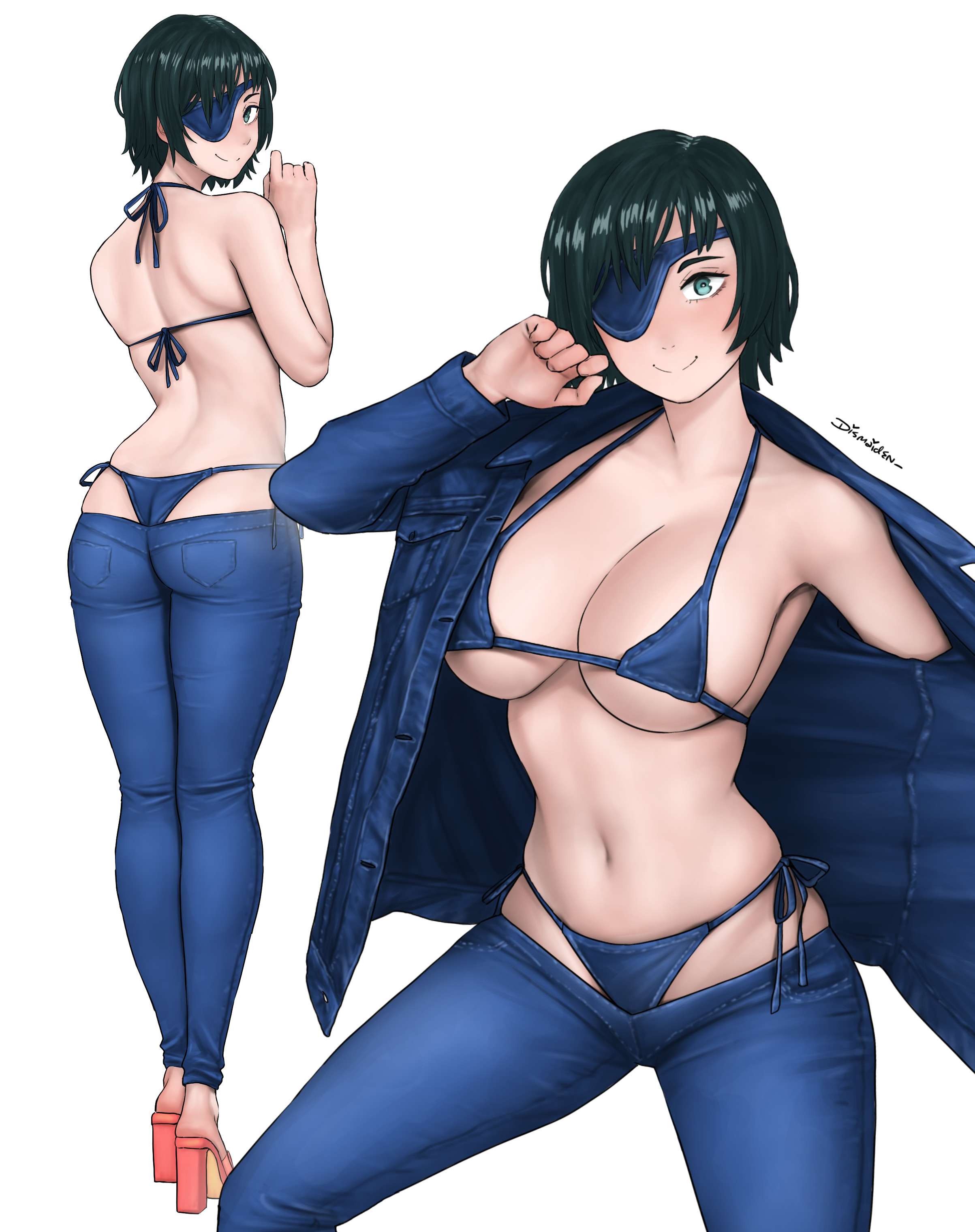 1girls, absurdres, artist name, ass, bikini, bikini jeans, black hair, blue bikini, blue jacket, blue pants, breasts, chainsaw man, cleavage, clothes pull, commentary, denim, denim bikini, denim bra, denim eyepatch, denim jacket, denim panties, dismaiden, english commentary, female, green eyes, high heels, highres, himeno (chainsaw man), jacket, jeans, large breasts, looking at viewer, looking back, lowleg, lowleg pants, multiple views, navel, pants, pants partially removed, sandals, short hair, simple background, smile, solo, swimsuit, whale tail (clothing), white background