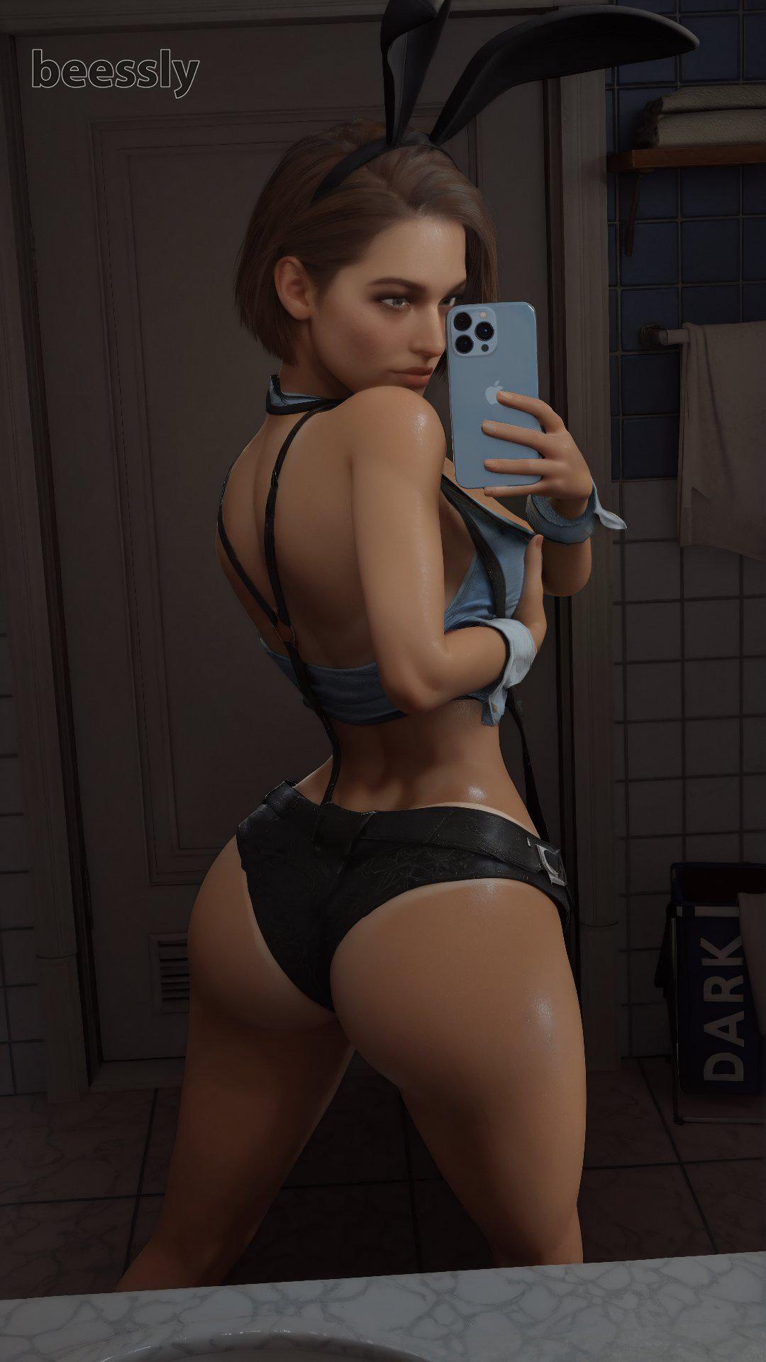 3d, ass, ass focus, bathroom, beessly3d, big ass, bunny ears, bunny girl, capcom, jill valentine, jill valentine (sasha zotova), light skin, light-skinned female, mirror, panties, phone, resident evil, resident evil 3, resident evil 3 remake, selfie, showing ass, tan lines