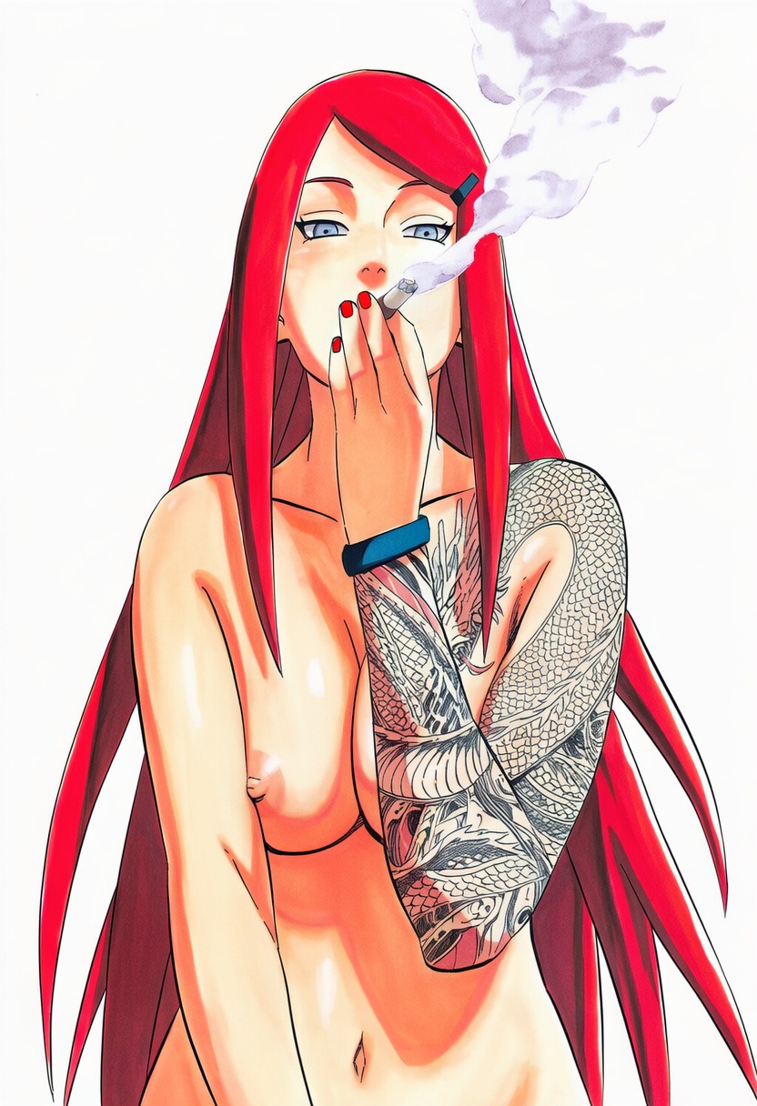 1girls, accurate art style, accurate body type, ai generated, areola, areolae, arm tattoo, bare breasts, bare skin, belly button, blue eyes, bracelet, breasts, cel shading, cigarette, cleavage, completely nude, completely nude female, curvaceous, curvy, dragon tattoo, facing viewer, female, female focus, female only, front view, full color, hair ornament, hairclip, high resolution, highres, jewelry, light skin, light-skinned female, line art, long hair, looking at viewer, manga style, masashi kishimoto style, mature female, medium breasts, midriff, milf, nail polish, naked, naruto, naruto (series), naruto shippuden, navel, nipples, nude, nude female, painted nails, pink nipples, pinup, pose, red hair, red nails, shiny hair, shiny skin, shoulder tattoo, simple background, smoke, smoking, smoking cigarette, smooth skin, solo, solo female, solo focus, standing, stomach, tattoo, topless, topless female, upper body, uzumaki kushina, white background, wristband, ㅇㅇ