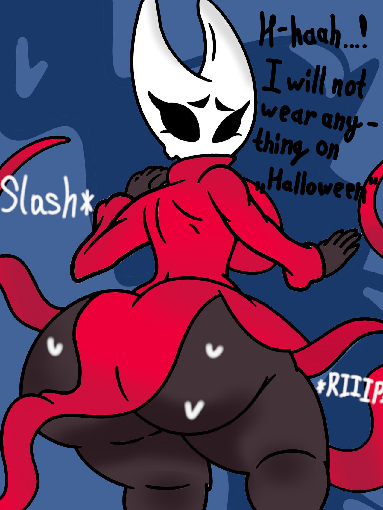 1girls, ass, ass focus, ass up, back, big ass, black body, black skin, blue panties, blush, breasts, embarrassed, female, heart, heart on ass, heart symbol, hollow knight, hollow knight (franchise), hollow knight: silksong, hornet (hollow knight), imminent anal, imminent oral, imminent penetration, imminent rape, imminent sex, legs, looking at viewer, panties, pussy, red sweater, serious, serious face, serious look, spanked, spanking, sweater, team cherry, vagina, voluptuous, voluptuous female