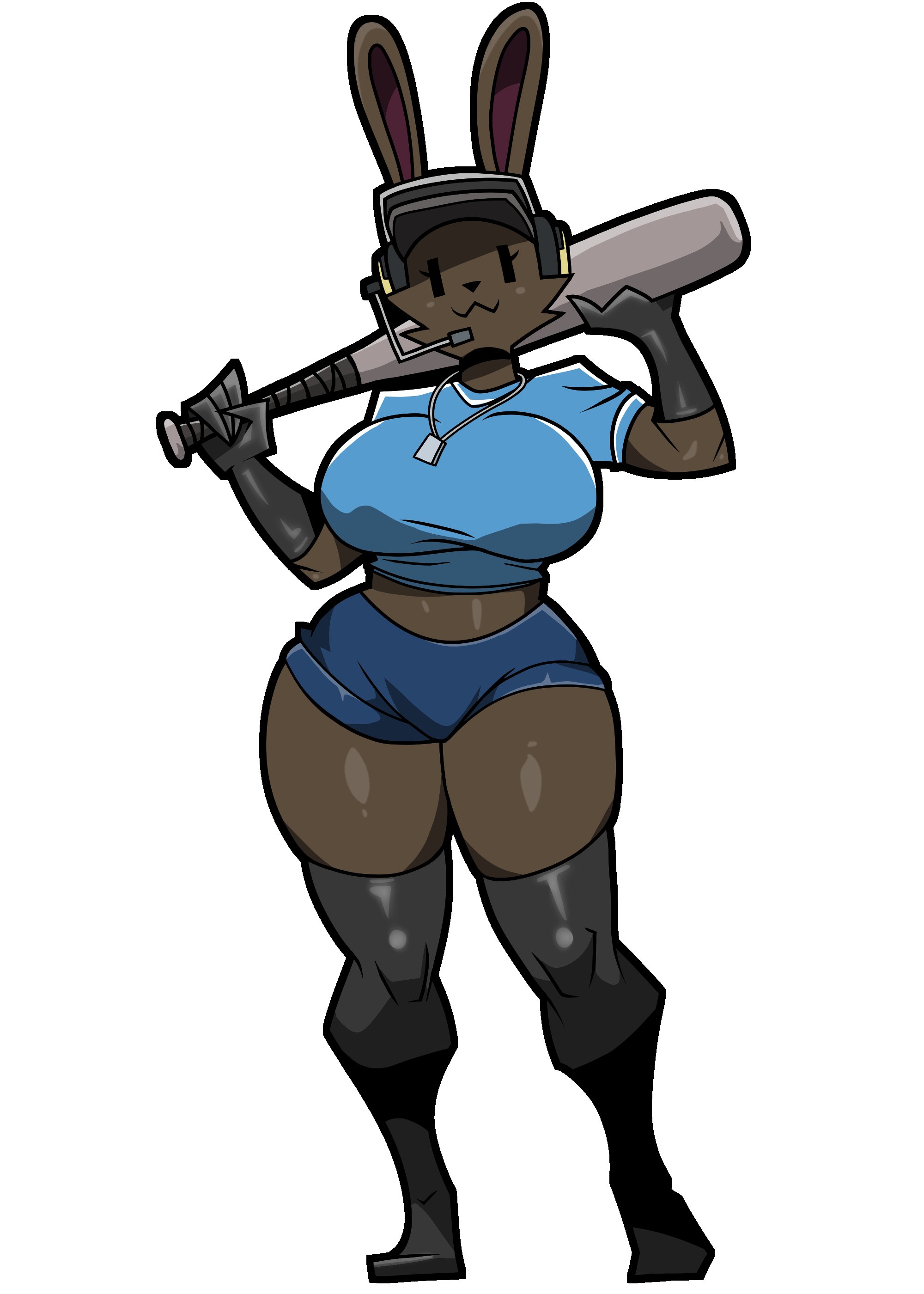 1anthro, 1female, 1girls, 2d, akumufluffy, anthro, anthro female, anthro only, armwear, bat, big ass, big breasts, big thighs, brown fur, bunny ears, bunny girl, clothed, clothed female, clothing, dark fur, female, female only, fully clothed, furry, furry female, furry only, gloves, headphones, holding weapon, legwear, lucy (usernamecipher), lucy the bun, posing, rabbit, rebecca the bun, shorts, smile, smiling, smiling at viewer, solo, solo anthro, solo female, standing, tail, team fortress 2, tf2, thick thighs, thighhighs, voluptuous, voluptuous female, wide hips