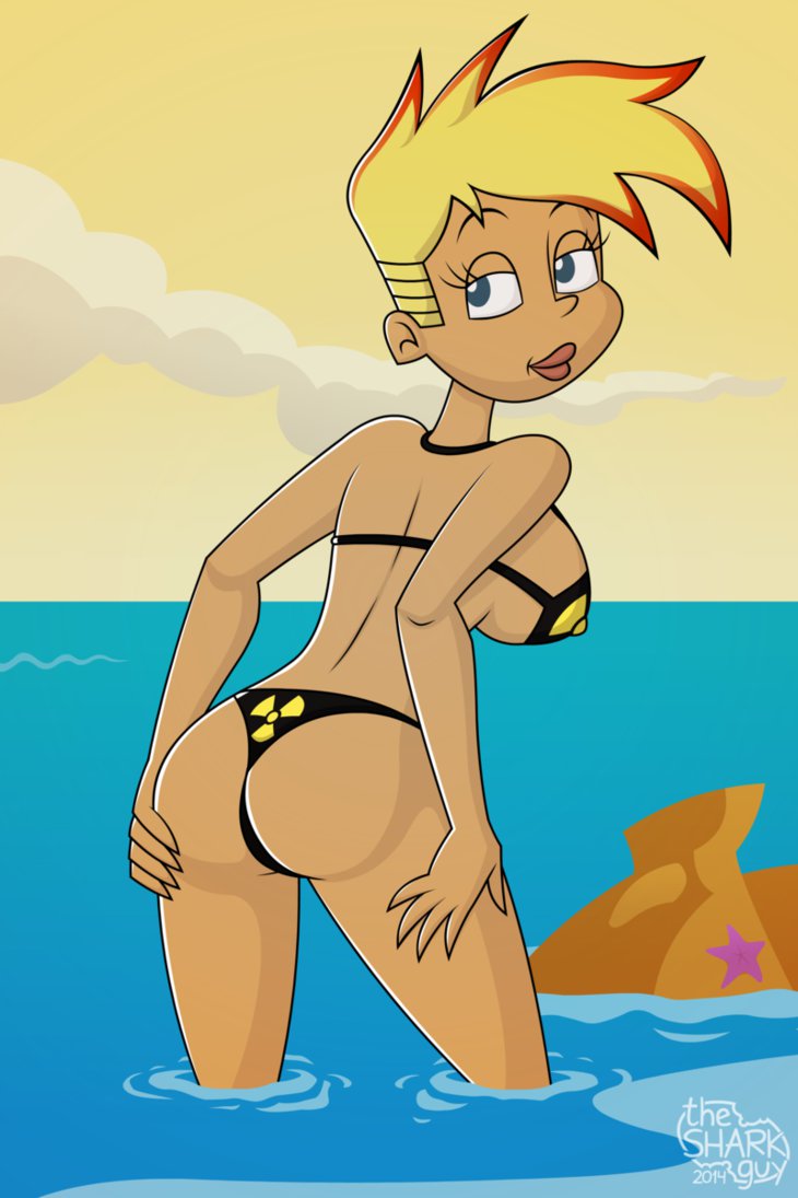1girls, 2014, ass, back view, beach, bikini, blonde hair, blue eyes, canon genderswap, cartoon network, erect nipples, eyelashes, female, jenny test, johnny test, johnny test (series), lipstick, lizardsharkragon, nipples, radiation symbol, radiation symbol bikini, rule 63, solo