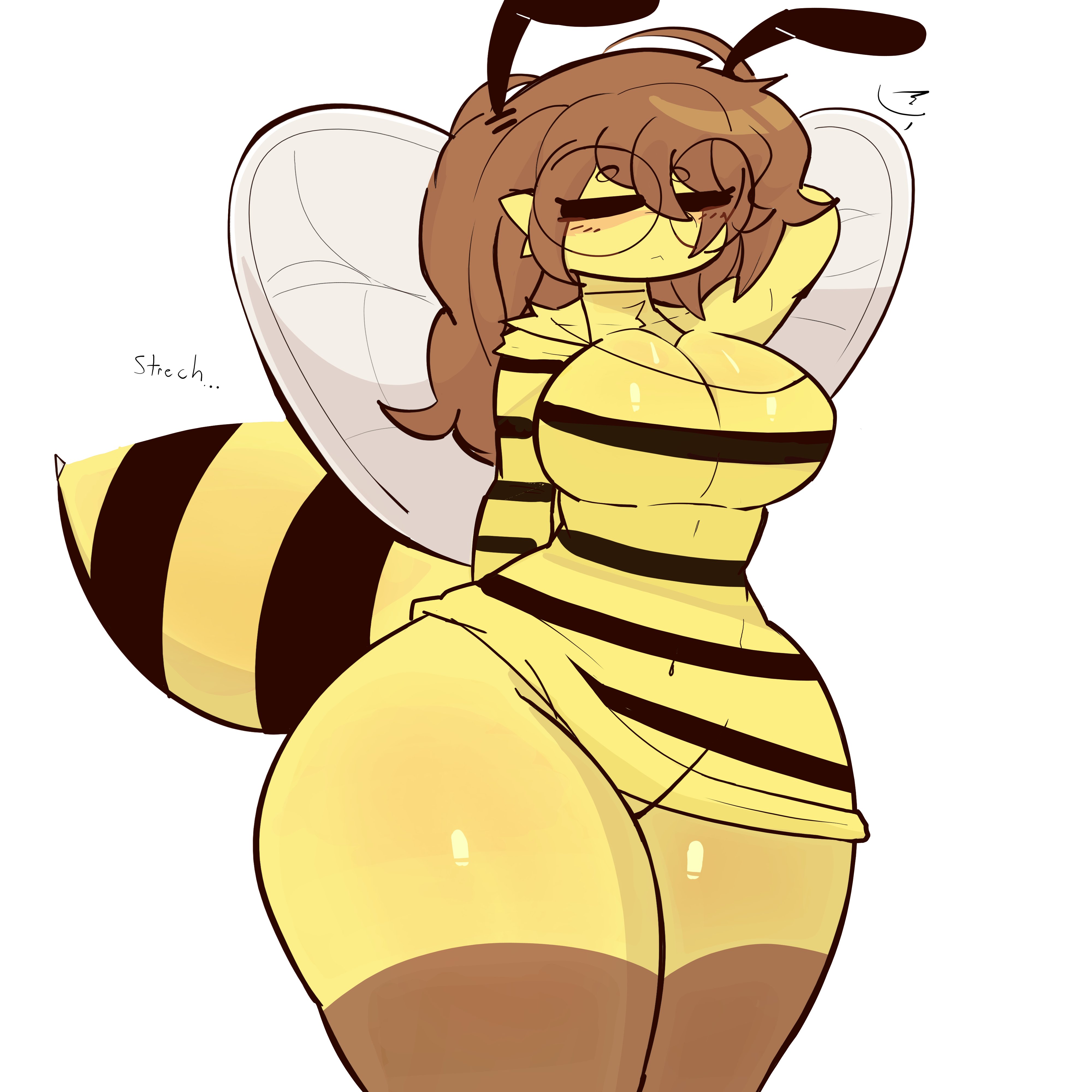 1girls, 2d, 2d artwork, anthro, bee, bee girl, bee wings, big ass, big breasts, big thighs, brown hair, cleavage, closed eyes, clothed, female, female only, glasses, hand behind head, hand in hair, insect girl, insect wings, insects, merricuwu, simple background, stinger, thick thighs, white background, wings, yellow body