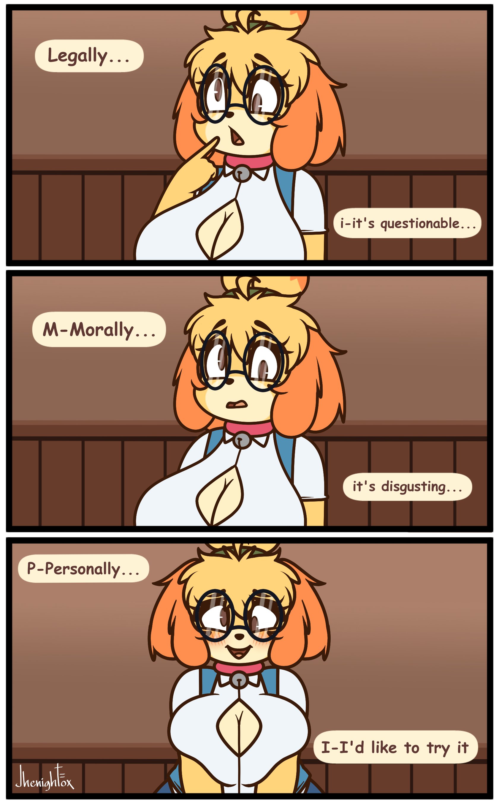 animal crossing, big breasts, blush, breasts, cleavage, derpybelle, female, furry, huge breasts, isabelle (animal crossing), jhenightfox, tagme, thick thighs, wide hips
