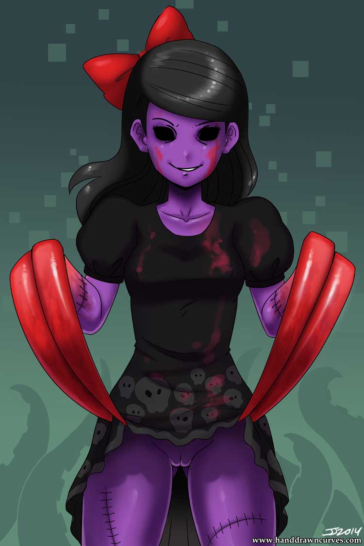 black_eyes black_hair blood clawed_girl claws female hair hand_drawn_curves john_joseco looking_at_viewer purple_skin pussy skirt skirt_lift stitches they_bleed_pixels