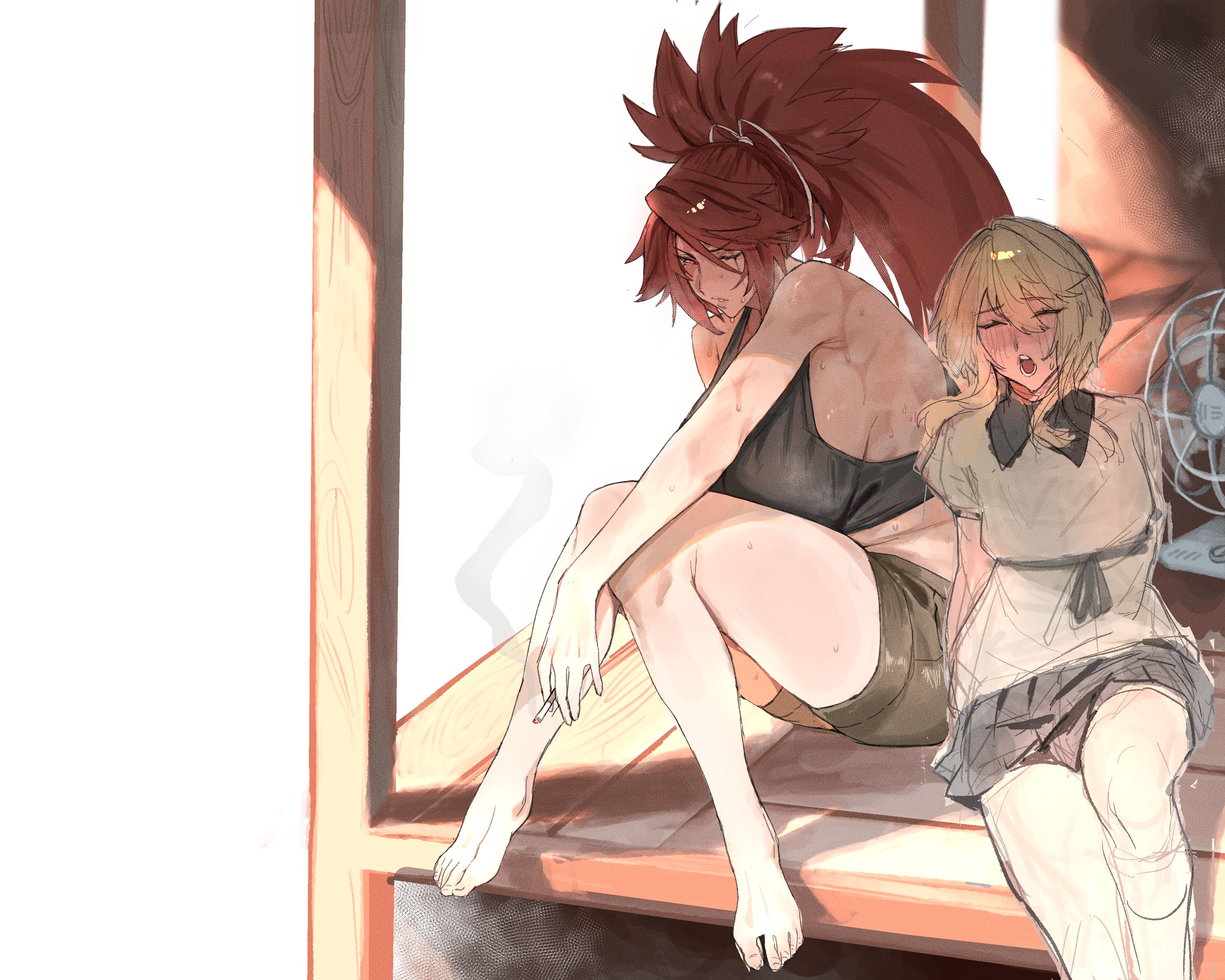 2girls, alternate costume, amputee, baiken, bare arms, bare legs, bare shoulders, barefoot, big hair, black skirt, black tank top, blonde hair, blush, breasts, bridget, brown shorts, cicada (nnakqr5n6q9p2ht), cigarette, closed eyes, clothing, electric fan, eyepatch, facial tattoo, fanning self, feet, female, guilty gear, guilty gear strive, hair between eyes, holding, holding cigarette, hot, huge breasts, knees together feet apart, large breasts, long hair, multiple girls, one-eyed, open mouth, pleated skirt, ponytail, porch, red eyes, red hair, scar, scar across eye, scar on face, shirt, short shorts, shorts, sideboob, sitting, skirt, smoke, smoking, sunlight, sweat, tank top, toes, veranda, yuri