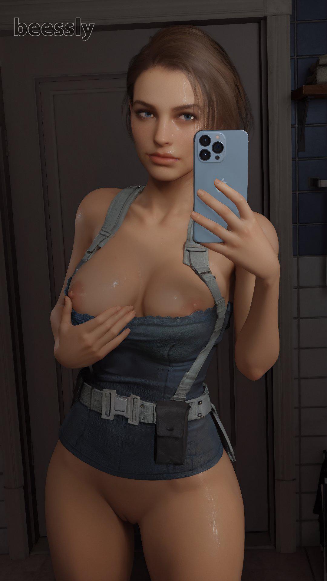 3d, beessly3d, blue eyes, breasts, capcom, jill valentine, jill valentine (sasha zotova), mirror, pussy, resident evil, resident evil 3, resident evil 3 remake, selfie, shaved pussy, short hair, showing breasts, wet, wet body, wet pussy, wet skin