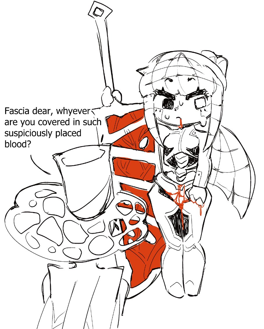 1boy, 1girls, 1other, albina (limbus company), blood, blood drip, blood on face, callisto (limbus company), eyebrows visible through hair, fascia (limbus company), humor, i'm gonna regret making this tag in the future aren't i, implied selfcest, implied swordfucking, limbus company, monochrome, not porn, ponytail, project moon, sweat, sword, swordfucker, this jit cracks swords, thistletopain, tied hair