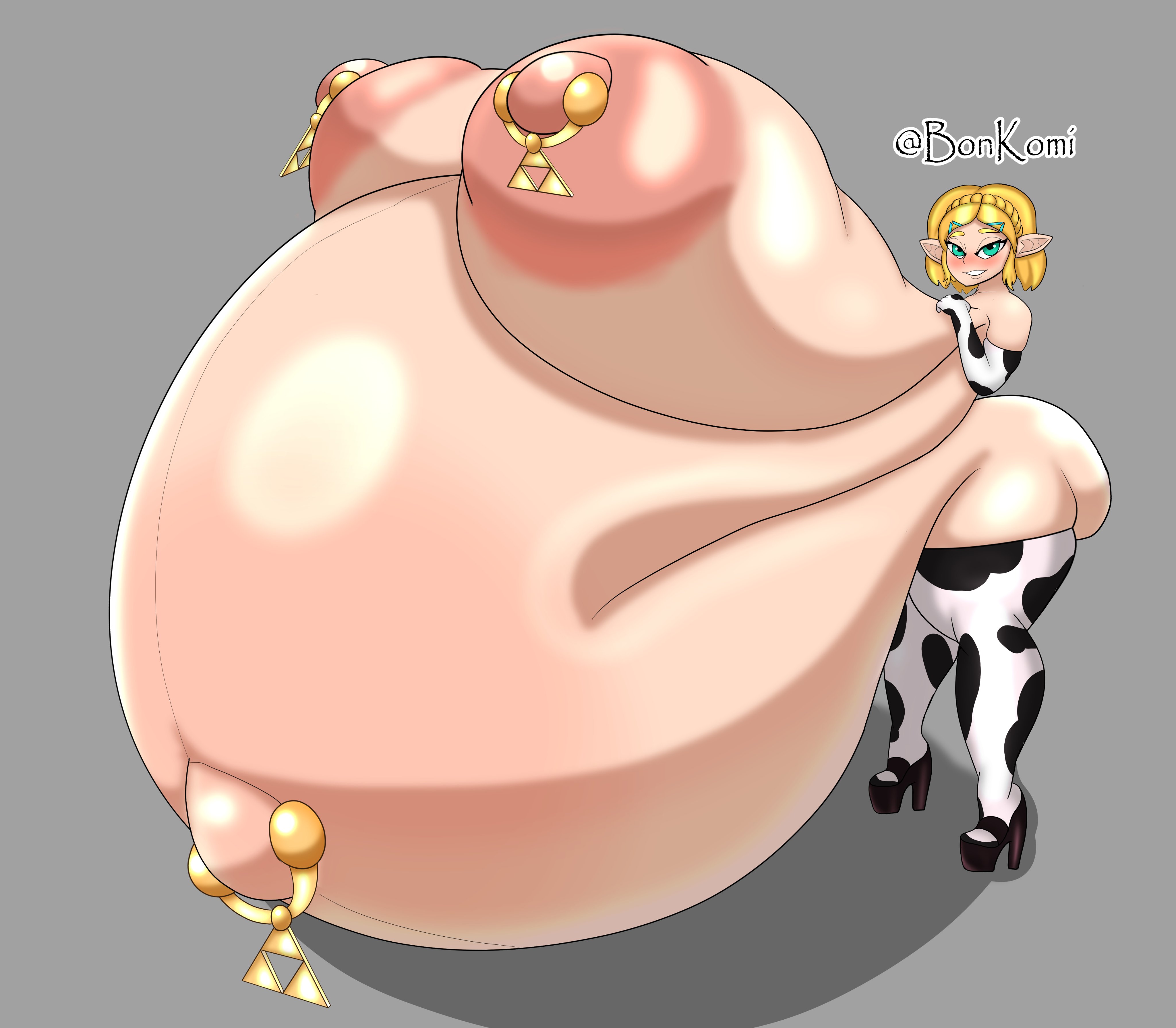 belly button, belly button piercing, belly overhang, bonkomi, cowkini, cowprint, huge belly, huge breasts, hyper, hyper belly, hyper breasts, hyper pregnancy, massive belly, nipple piercing, pierced nipples, piercing, piercings, pregnant, pregnant belly, pregnant female, princess zelda, tears of the kingdom, the legend of zelda, zelda (tears of the kingdom)