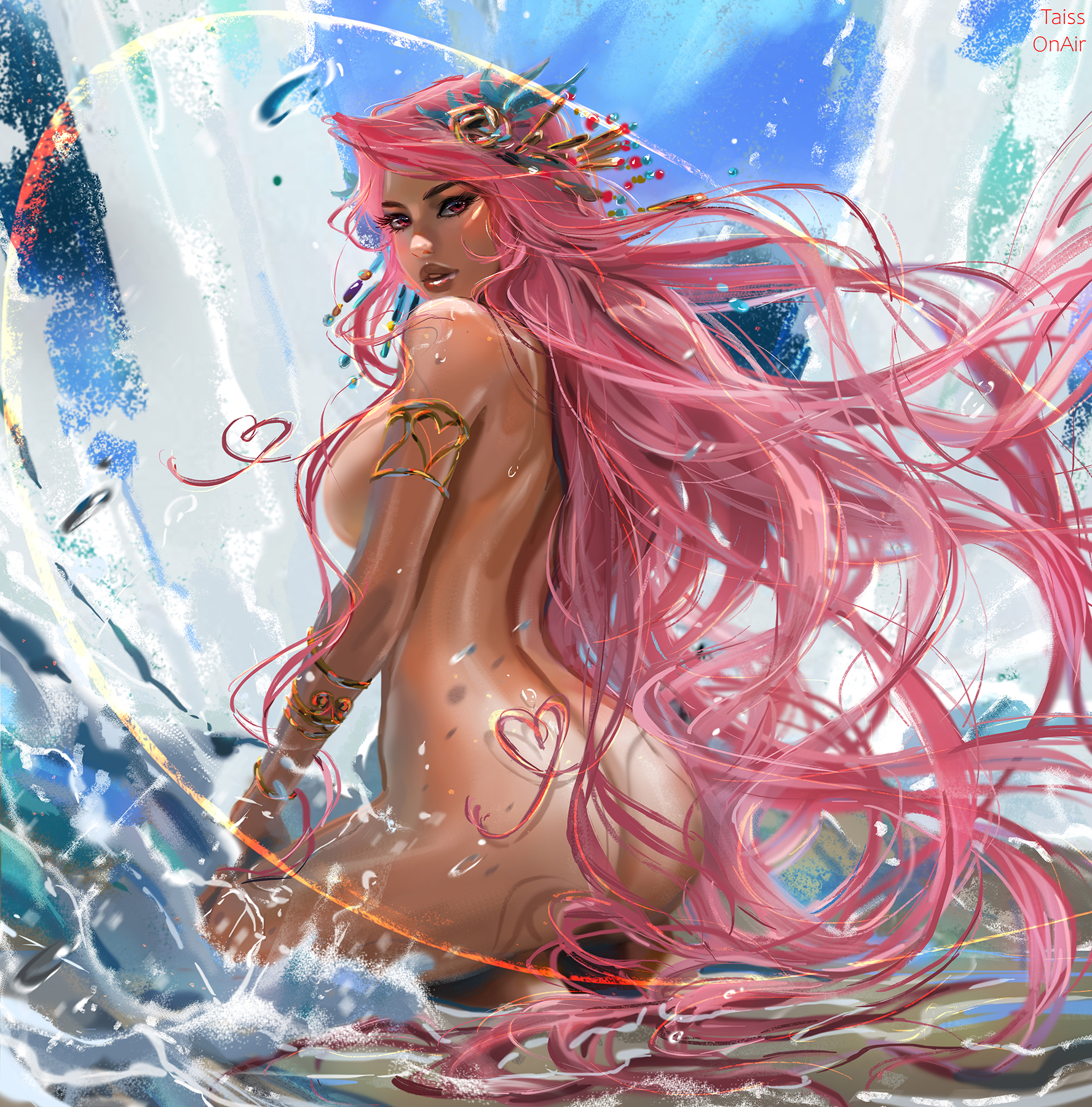 aphrodite, aphrodite (hades), convenient censoring, divine slut, female, female only, goddess, greek mythology, hades (game), jewelry only, naked, nude, nudist, pink hair, tagme, taissonair, tattiart