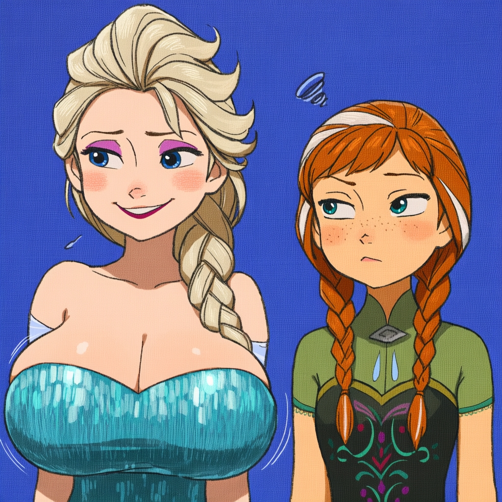 2girls, anna (frozen), annoyed expression, bangs, big breasts, blonde hair, blue eyes, blush, braids, breast envy, cleavage, clothed, collarbone, disney, dress, elsa (frozen), female, female only, freckles, frozen (film), huge breasts, jealous, makeup, nervous, off shoulder, redhead, simple background, sisters, small breasts, smile, tagme