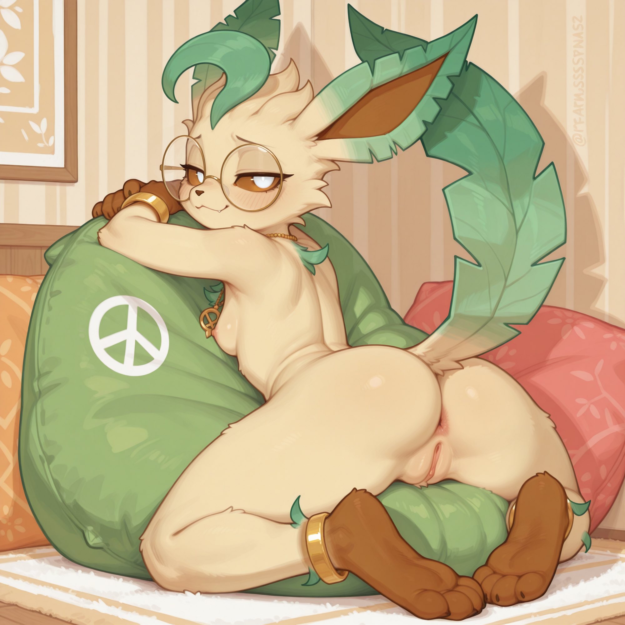 ai generated, anklet, anthro, anus, bedroom eyes, bracelet, breasts, brown body, brown eyes, brown fur, claws, eeveelution, eyewear, female, fur, generation 4 pokemon, genitals, glasses, gold (metal), gold jewelry, green hair, hair, hi res, jewelry, leafeon, looking at viewer, looking back, looking back at viewer, mammal, narrowed eyes, necklace, nintendo, nude, nude female, paws, pokemon, pokemon (species), presenting, presenting pussy, pussy, raised tail, round glasses, seductive, small breasts, solo, tail, tan body, tan fur