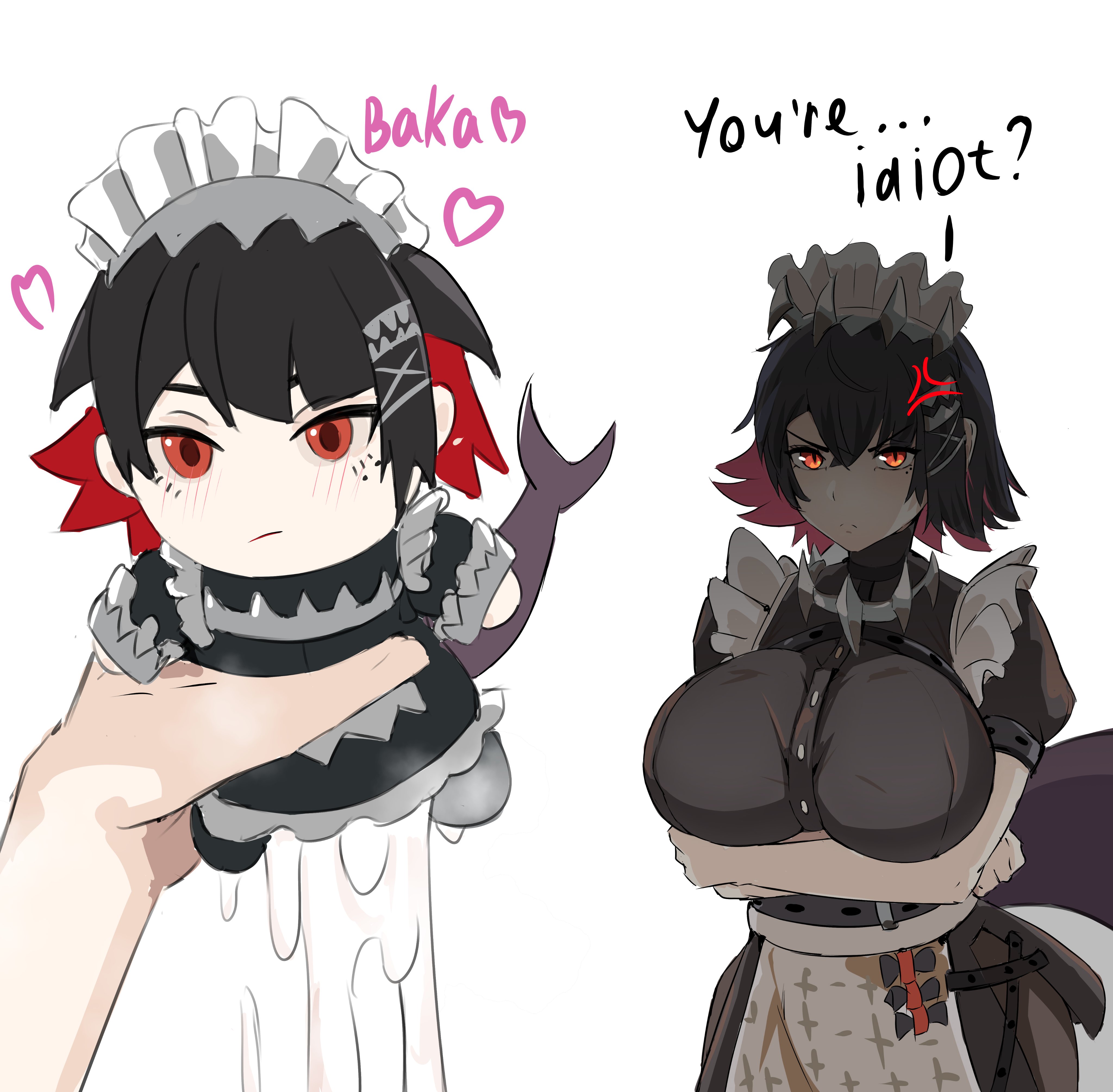 ^^^, 1girls, 1other, 2026, angry, big breasts, black hair, breasts, clothed, clothing, color, colored, crossed arms, cum, cum drip, digital media (artwork), ellen joe, female, fully clothed, hair, hi res, hoyoverse, light skin, liquid, maid, maid headdress, maid uniform, mihoyo, multicolored hair, piranha arts, plushie, red eyes, red hair, shark girl, shark tail, short hair, simple background, sparkle doll meme, video game character, video games, white background, wise (zenless zone zero), zenless zone zero