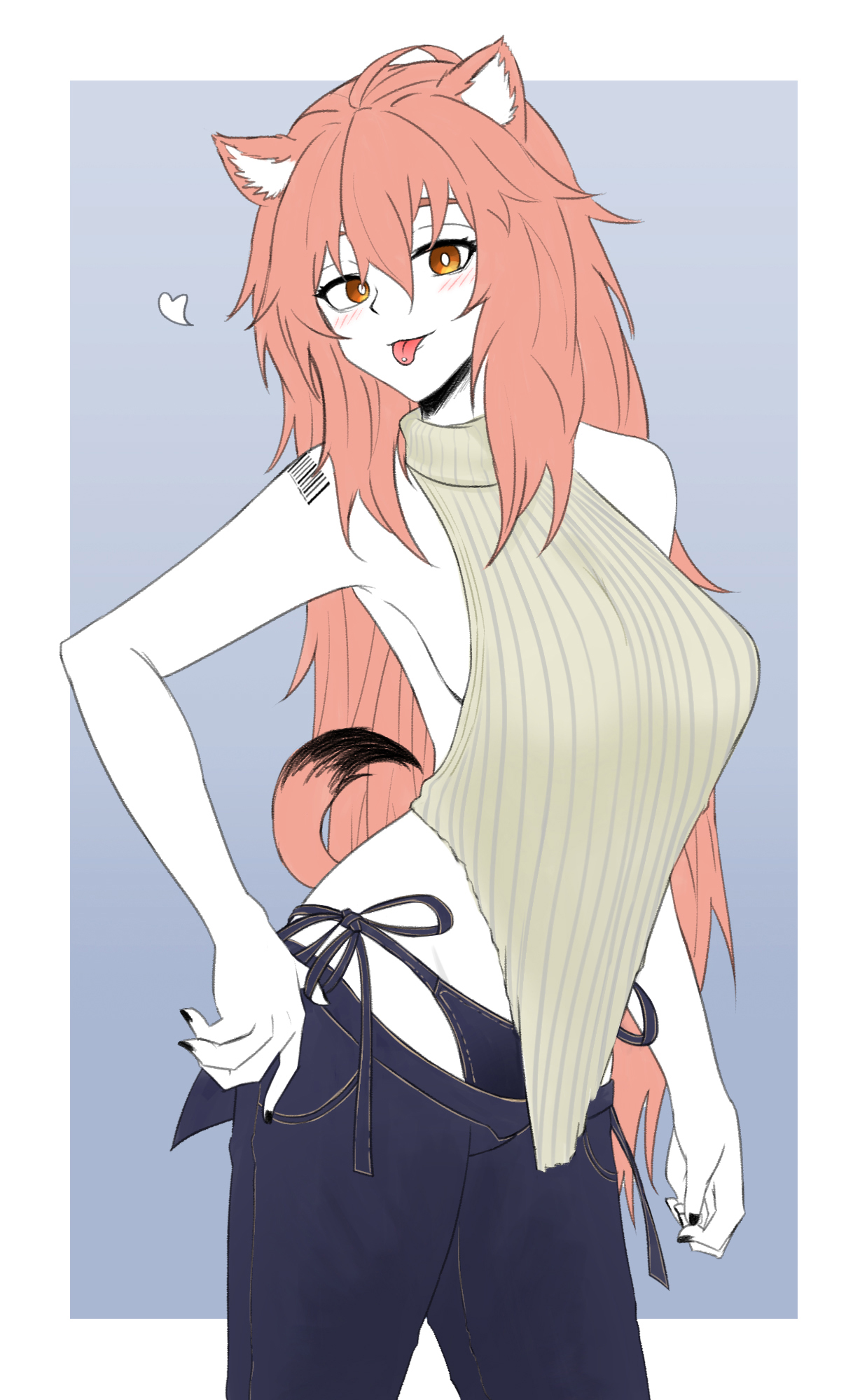 :p, 1girls, ahoge, alternate costume, animal ear fluff, animal ears, arched back, arknights, arm tattoo, armpit crease, backless outfit, barcode, barcode tattoo, bare arms, bare shoulders, bikini jeans, black nails, blue background, blue panties, blue pants, blush, border, breasts, bright pupils, closed mouth, colored skin, commentary, contrapposto, cowboy shot, denim, dokonjou (odossan), eyelashes, female, fingernails, from side, gradient background, gravel (arknights), groin, hair between eyes, hair flowing over, hand on own hip, heart, high collar, highres, jeans, legs apart, long bangs, long hair, looking at viewer, looking to the side, lowleg, lowleg pants, medium breasts, nail polish, naughty face, outside border, panties, pants, panty pull, piercing, pink hair, pink tail, pocket, prairie dog ears, prairie dog tail, ribbed sweater, side-tie panties, sideboob, sleeveless, sleeveless sweater, smile, solo, standing, sweater, tail, tattoo, tongue, tongue out, tongue piercing, turtleneck, turtleneck sweater, underwear, vertical-striped sweater, very long hair, virgin killer sweater, white border, white pupils, white skin, yellow sweater