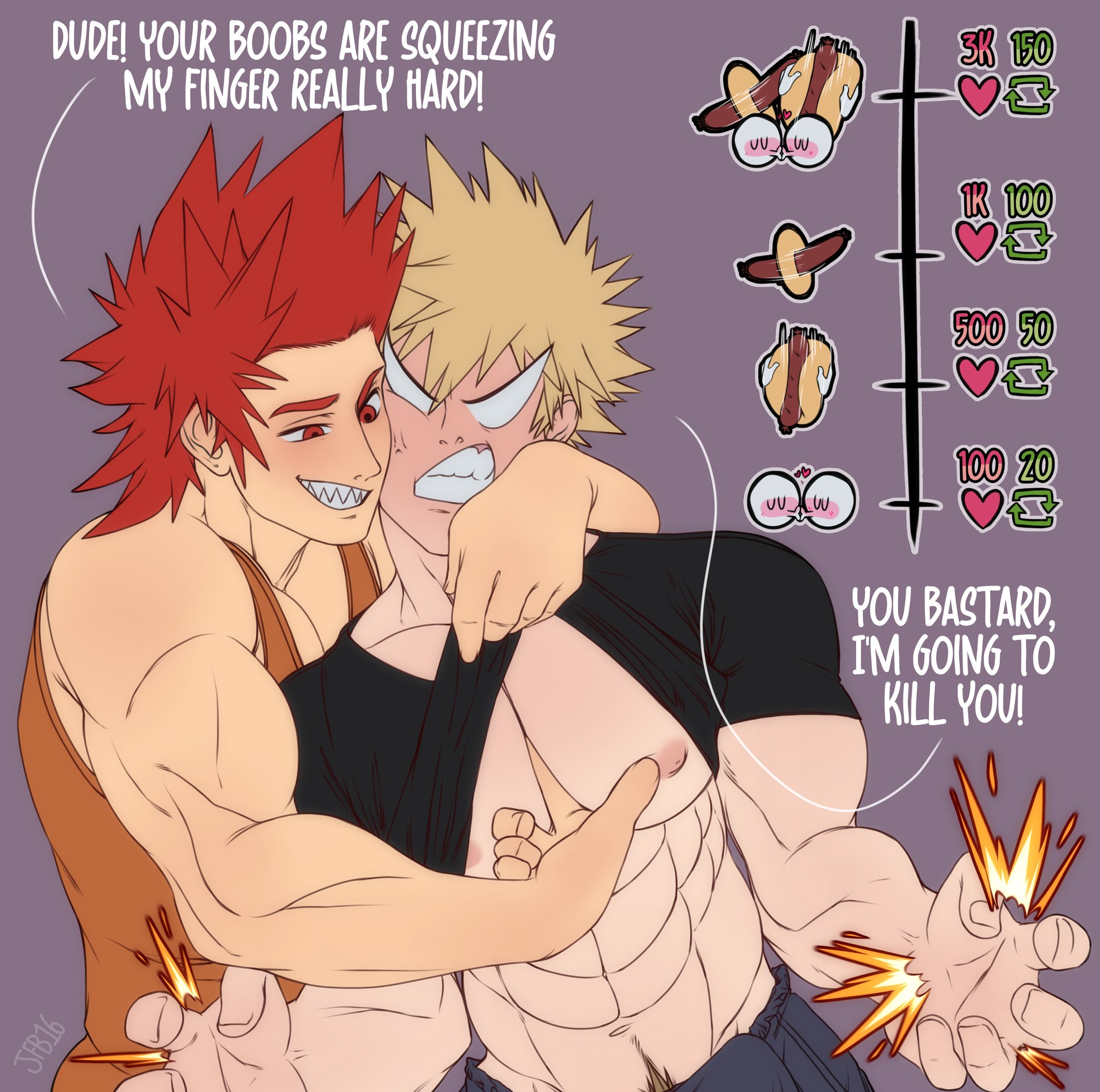 2boys, abs, anal, angry, bakugou katsuki, bulge, eijirou kirishima, english text, erection, explosion, fingering, fingering pecs, fondling, fondling pecs, gay, gay domination, groping chest, jfb16, katsuki bakugou, male, male only, male/male, muscular, muscular male, my hero academia, nipples, pec fetish, pec fondling, pecs, pectorals, pleasure face, pubic hair, red hair, retweet challenge, sharp teeth, spiky hair, tank top, teasing, twitter strip game, yaoi
