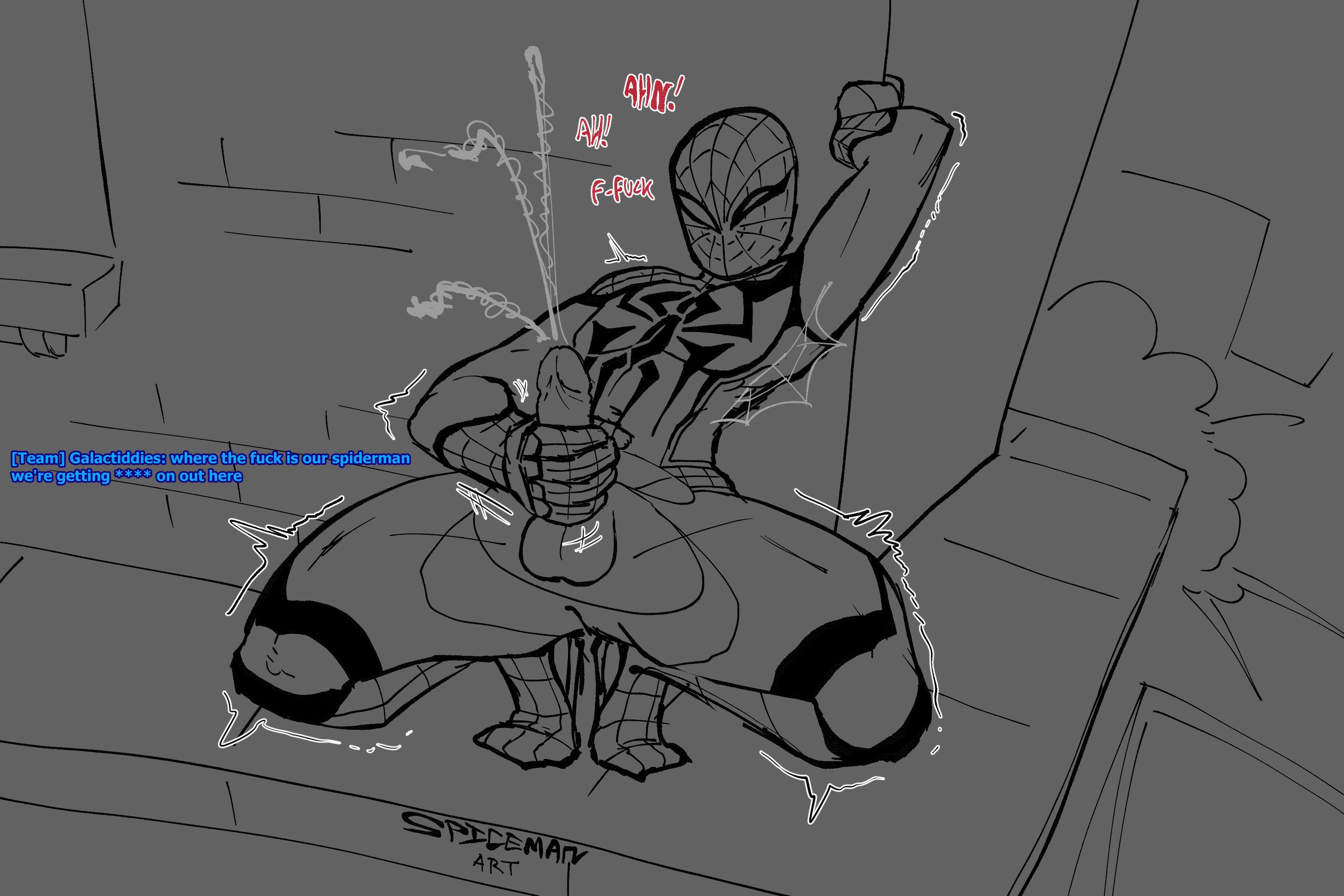 arm up, costume, crouching, cum, cum outside, cumshot, dick, dick out, exhibitionism, jerking, jerking off, jerkingoff, male, male only, marvel, marvel comics, marvel rivals, mask, masturbating, masturbation, penis, penis out, public masturbation, solo male, spicemanart, spider-man, spider-man (series), stealth masturbation, superhero, superhero costume, text, thick thighs, thighs, web