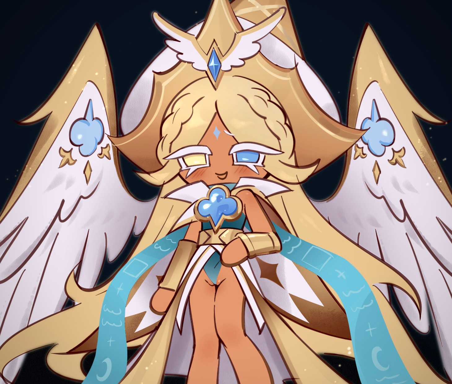 1boy, 1cuntboy, angel, angel wings, blush, blushing male, braid, braided bangs, braids, clothed, clothes, clothing, cone hat, cookie run, cookie run kingdom, cuntboy, gem, gem on chest, gem on forehead, gem on head, gem on wings, ice cream cone, ice cream cone hat, koiipomd, light-blue eyes, long hair, long hair male, mark on forehead, open eyes, orange body, orange skin, orange skinned male, pure vanilla cookie, smile, smile at viewer, smiley face, smiling, smiling at viewer, solo, solo cuntboy, solo focus, solo male, vanussy, white eyebrows, white eyelashes, yellow eyes, yellow eyes male, yellow hair, yellow hair male
