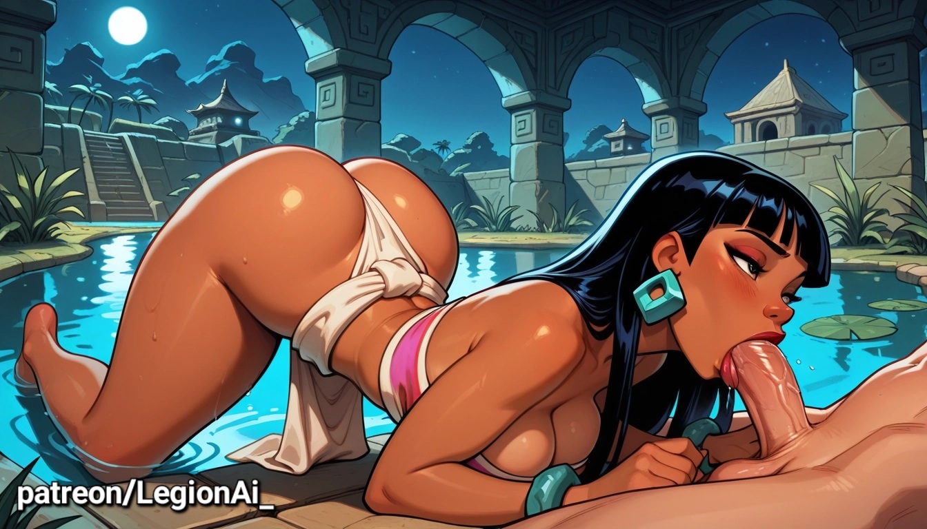 ai art, ai generated, ass up, ass up face down, ass view, bending over, big ass, big breasts, big penis, black hair, blowjob, chel, chel (the road to el dorado), female focus, latina, latina female, legionai, mayan, moon, night, oral, oral penetration, oral sex, pond, red eyeshadow, red lipstick, serving cock, tan body, tanned female, tanned skin, temple, the road to el dorado, water, worshipping cock