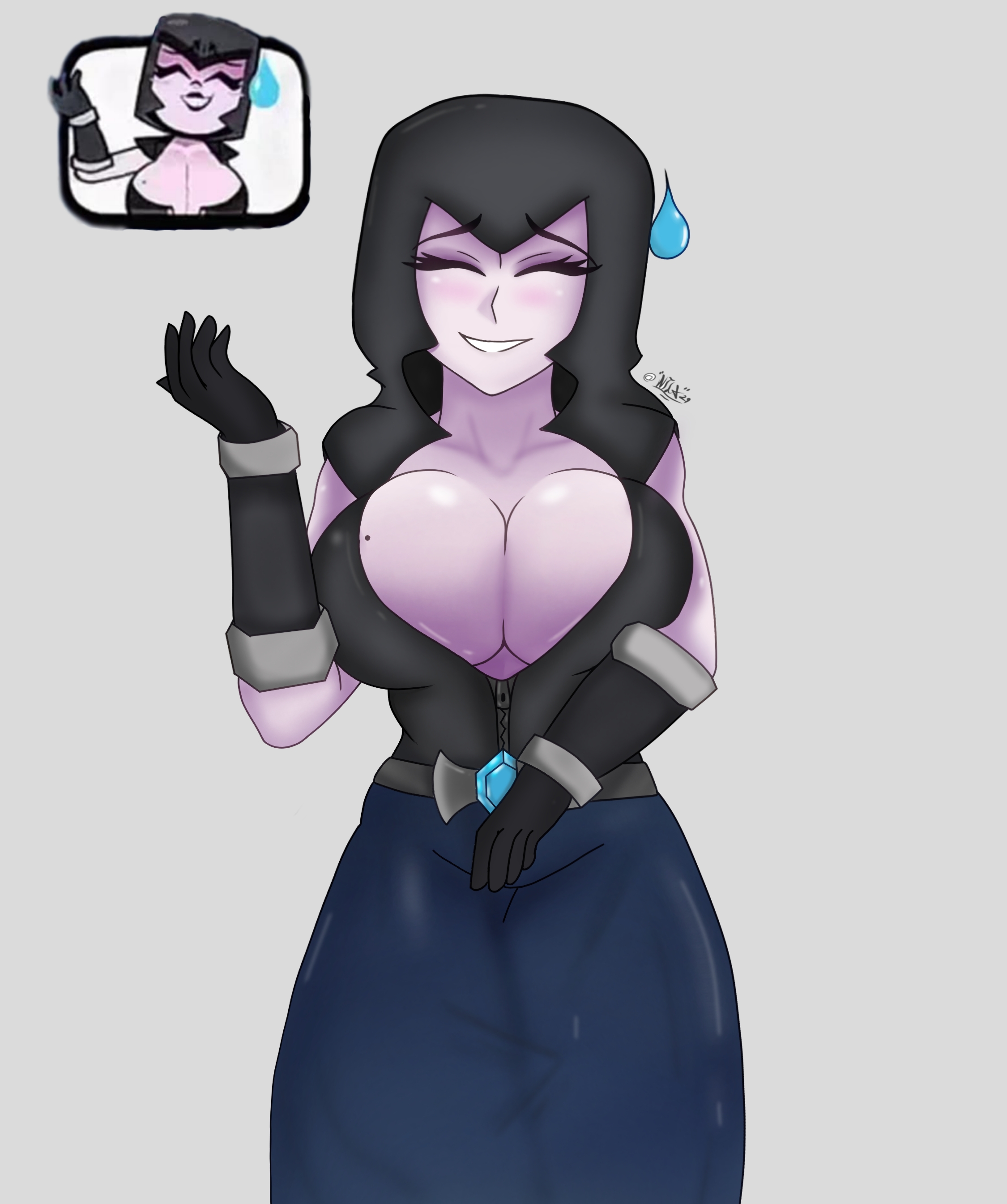 big ass, big breasts, big tits, clash (series), clash of clans, clash royale, emote (clash royale), gloves, hood, inconvenient breasts, meme, mole, mole on breast, night witch (clash of clans), night witch (clash royale), ninila29art, pale skin, pale skinned female, pale-skinned female, skirt, smile, smiling, supercell, that one night witch emote, witch