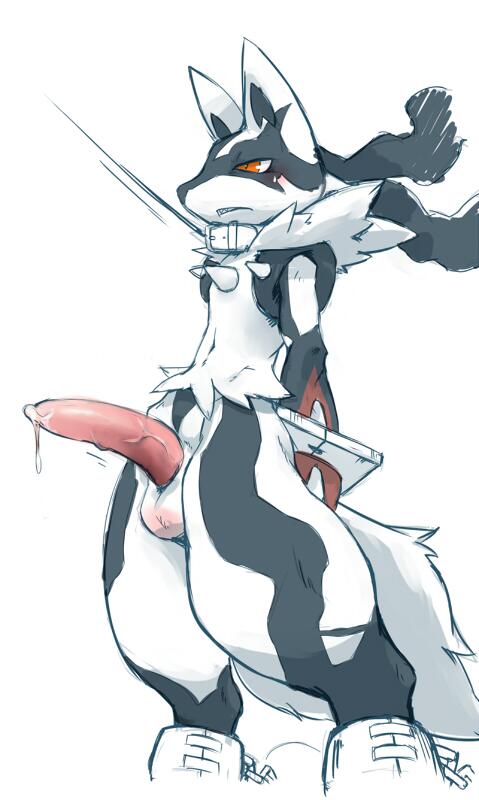 arms_behind_back balls big_penis blush bondage bound chains collar cum cum_on_penis erection kemoisumi leash lucario male male_only mega_evolution mega_lucario nintendo penis pokemon pokemon_(species) precum red_eyes reluctant solo video_games