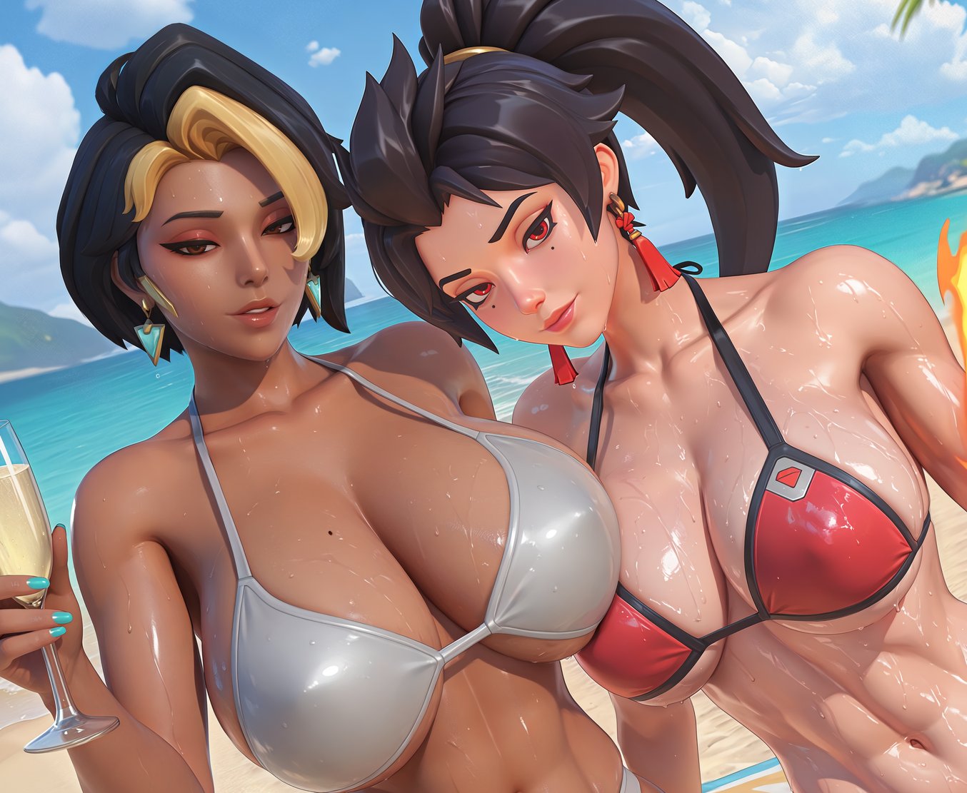 2girls, abs, ai generated, anran, beach, big breasts, bikini, bikini top, breasts, cleavage, domina, huge breasts, konovalov, looking at viewer, mole on breast, overwatch, overwatch 2, seaside, swimsuit, swimwear