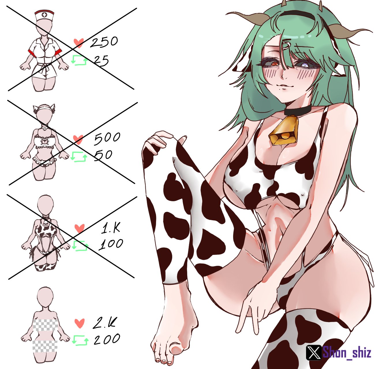 1girls, breasts, choker, cow ears, cow girl, cow horns, cow print, cowbell, cowkini, crelly, feet, female, green hair, grey eyes, grey sclera, heterochromia, indie virtual youtuber, red eyes, shonshiz, sole female, solo, solo female, thighhighs, thighs, toes, virtual youtuber