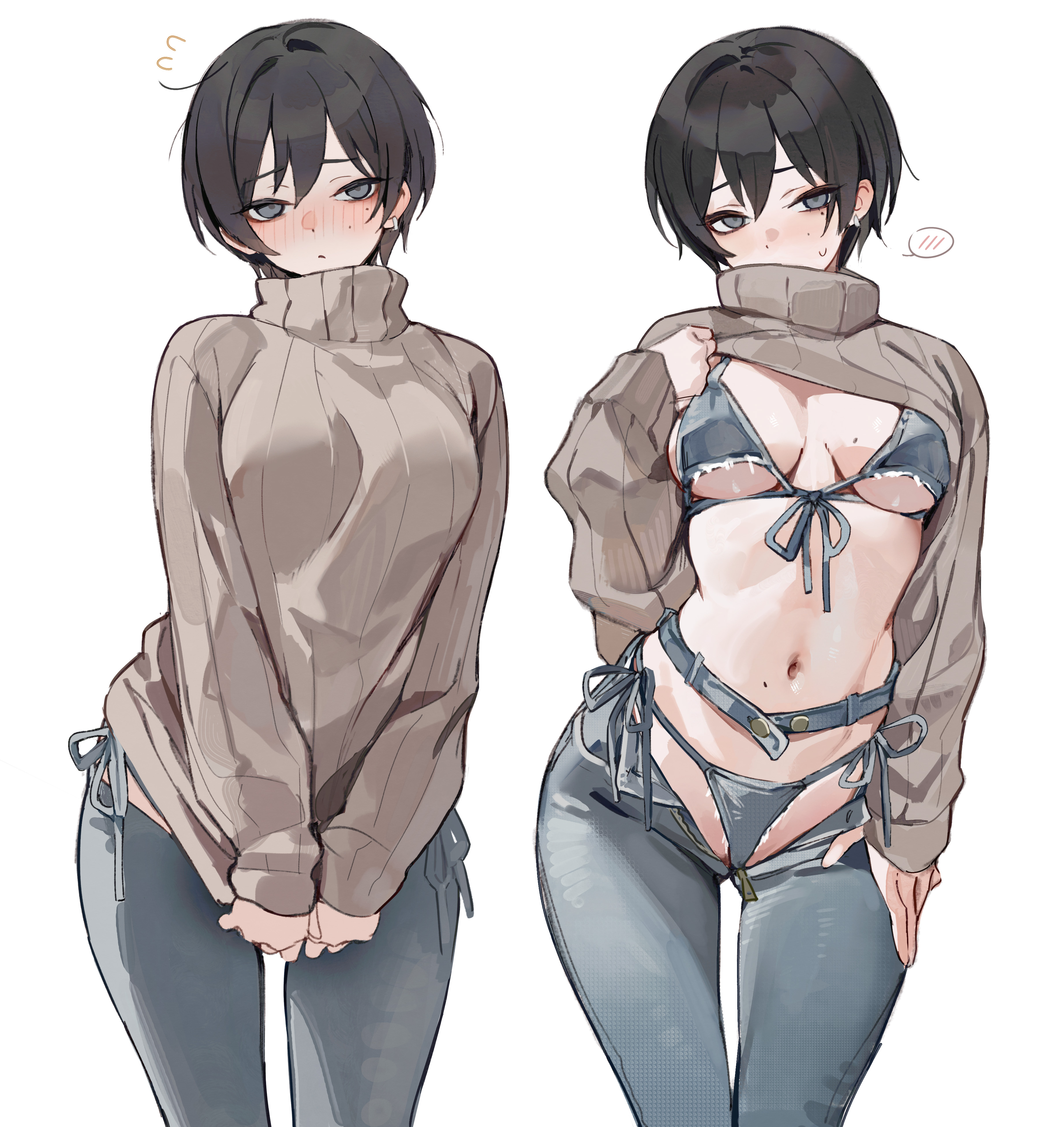 1girls, absurdres, bikini, bikini jeans, bikini under clothes, black hair, blush, breasts, brown sweater, closed mouth, clothes lift, commentary, denim, denim bikini, female, female torso, front-tie bikini top, front-tie top, fungi542, gompang 11, grey bikini, grey eyes, grey pants, hair between eyes, highres, jeans, large breasts, long sleeves, looking at viewer, lowleg, lowleg pants, medium breasts, mole, mole on breast, mole on stomach, mole under eye, multiple views, navel, original, pants, puffy long sleeves, puffy sleeves, short hair, side-tie bikini bottom, simple background, spoken blush, stomach, sweater, sweater lift, swimsuit, symbol-only commentary, turtleneck, turtleneck sweater, very short hair, white background