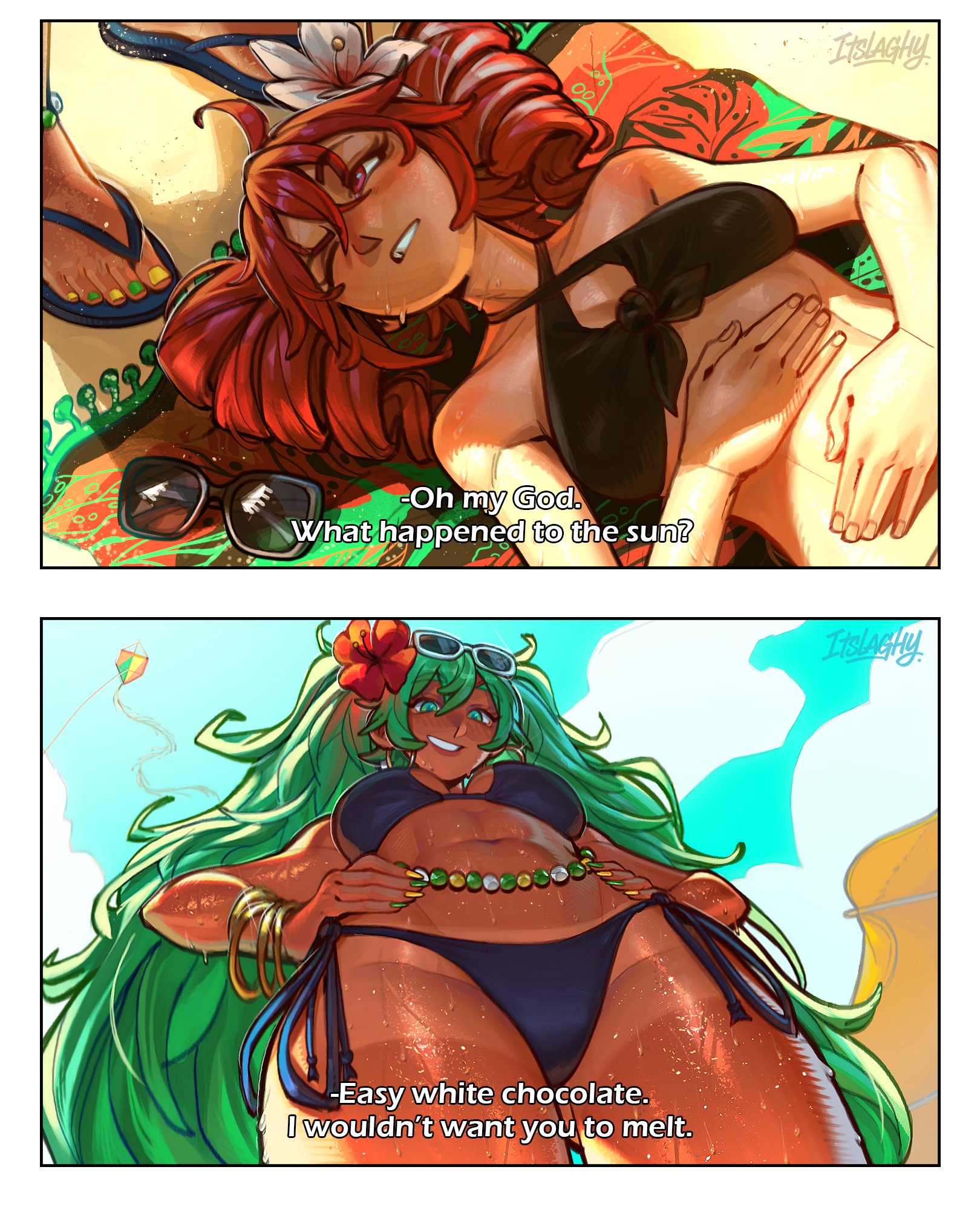 2girls, ahoge, bangle, beach, bikini, black bikini, bracelet, brazilian miku, breasts, crossover, day, drill hair, english text, eyewear on head, eyewear removed, female, flower, green eyes, green hair, green nails, grin, hair flower, hair ornament, halterneck, hands on hips, hands on own stomach, hatsune miku, itslaghly, jewelry, kasane teto, long hair, lying, medium breasts, multiple girls, nail polish, navel, on back, one eye closed, red eyes, red hair, sandals, side-tie bikini bottom, smile, sunglasses, sweat, swimsuit, synthesizer v, tagme, tan, toenails, twin drills, twintails, utau, very long hair, vocaloid, wet, yuri